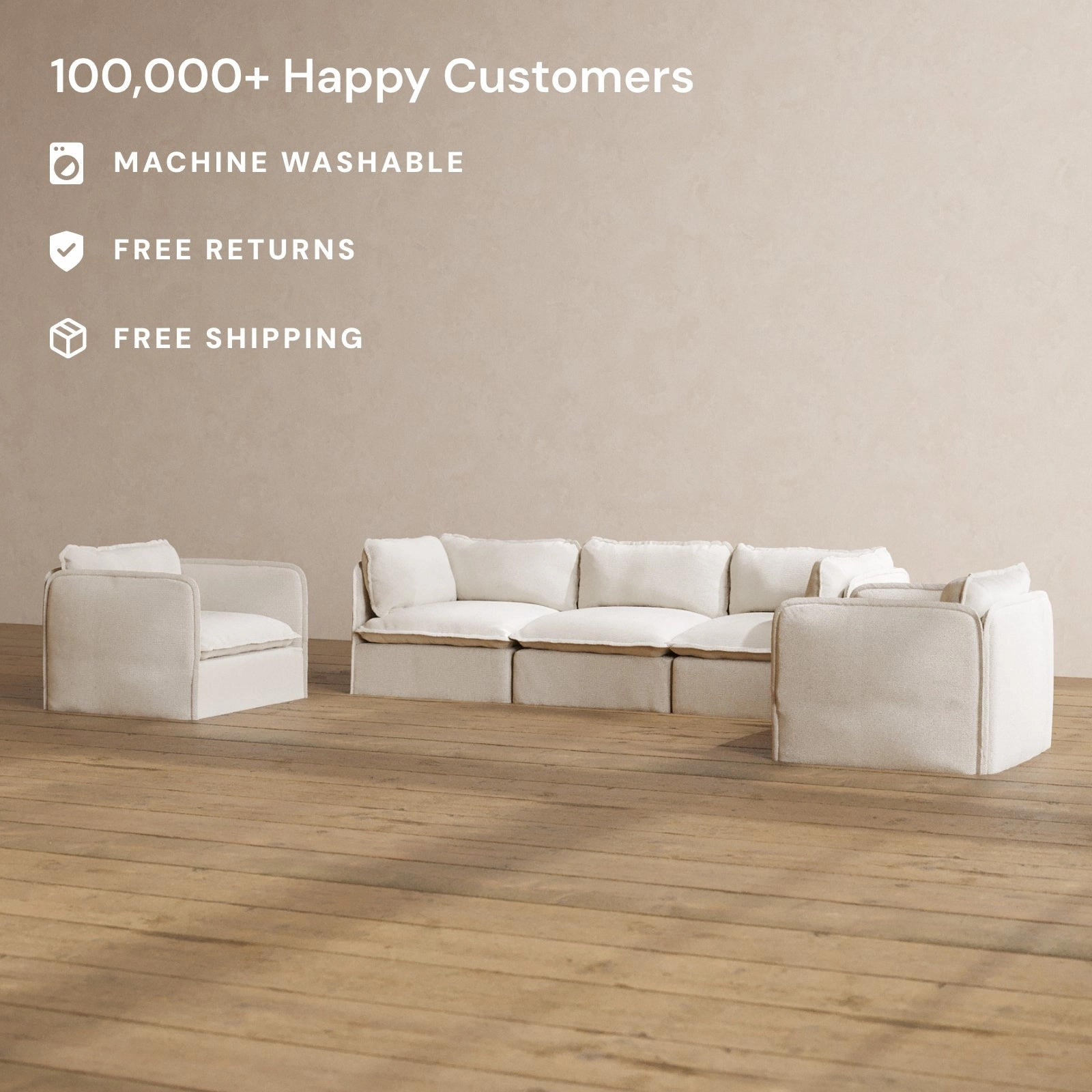 Slipcover Only - Modular Washable 3-Seater Sofa   Armchair Set in Powder