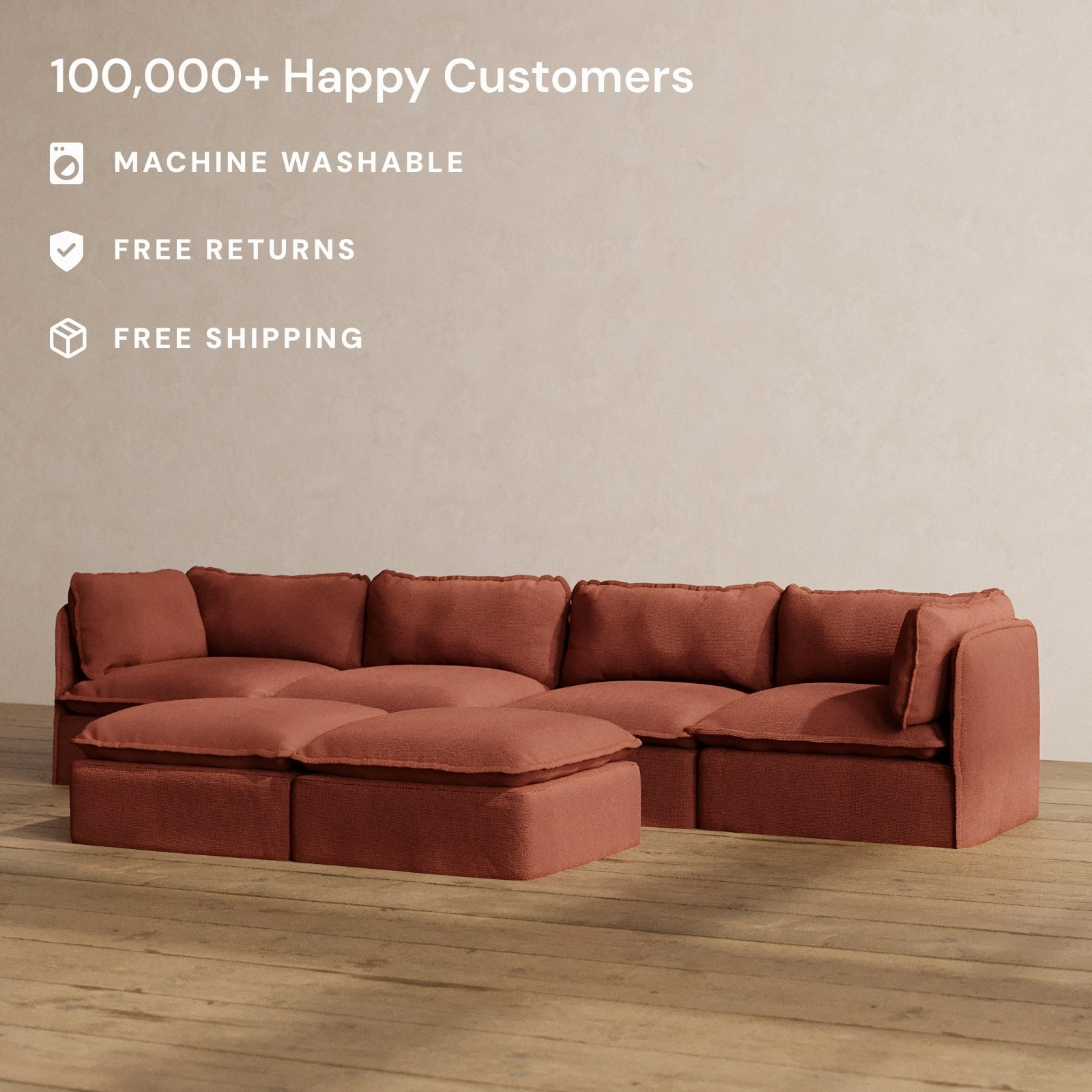 Slipcover Only - Modular Washable 4-Seater   Bench Ottoman in Rust