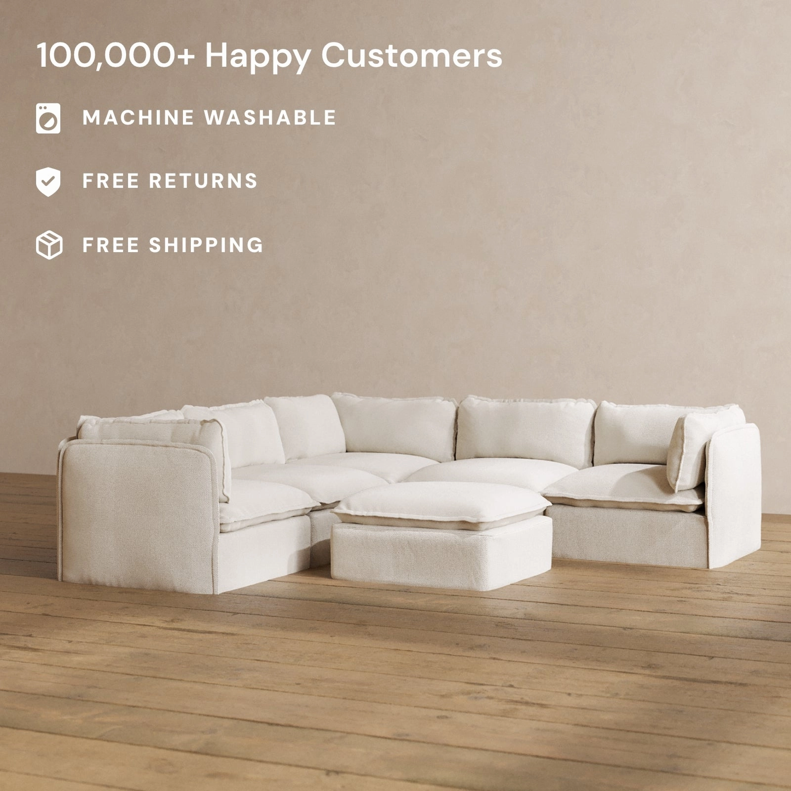 Slipcover Only - Modular Washable 4-Seater Corner Sectional   Ottoman in Powder