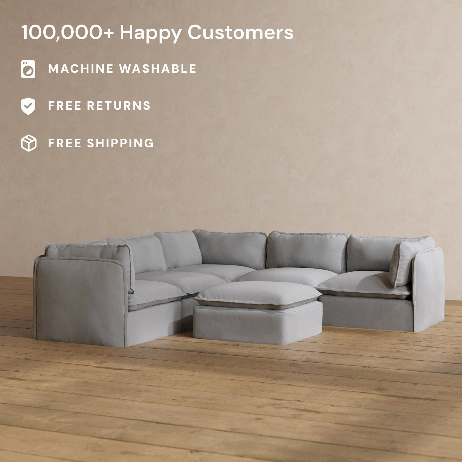 Slipcover Only - Modular Washable 4-Seater Corner Sectional   Ottoman in Pumice