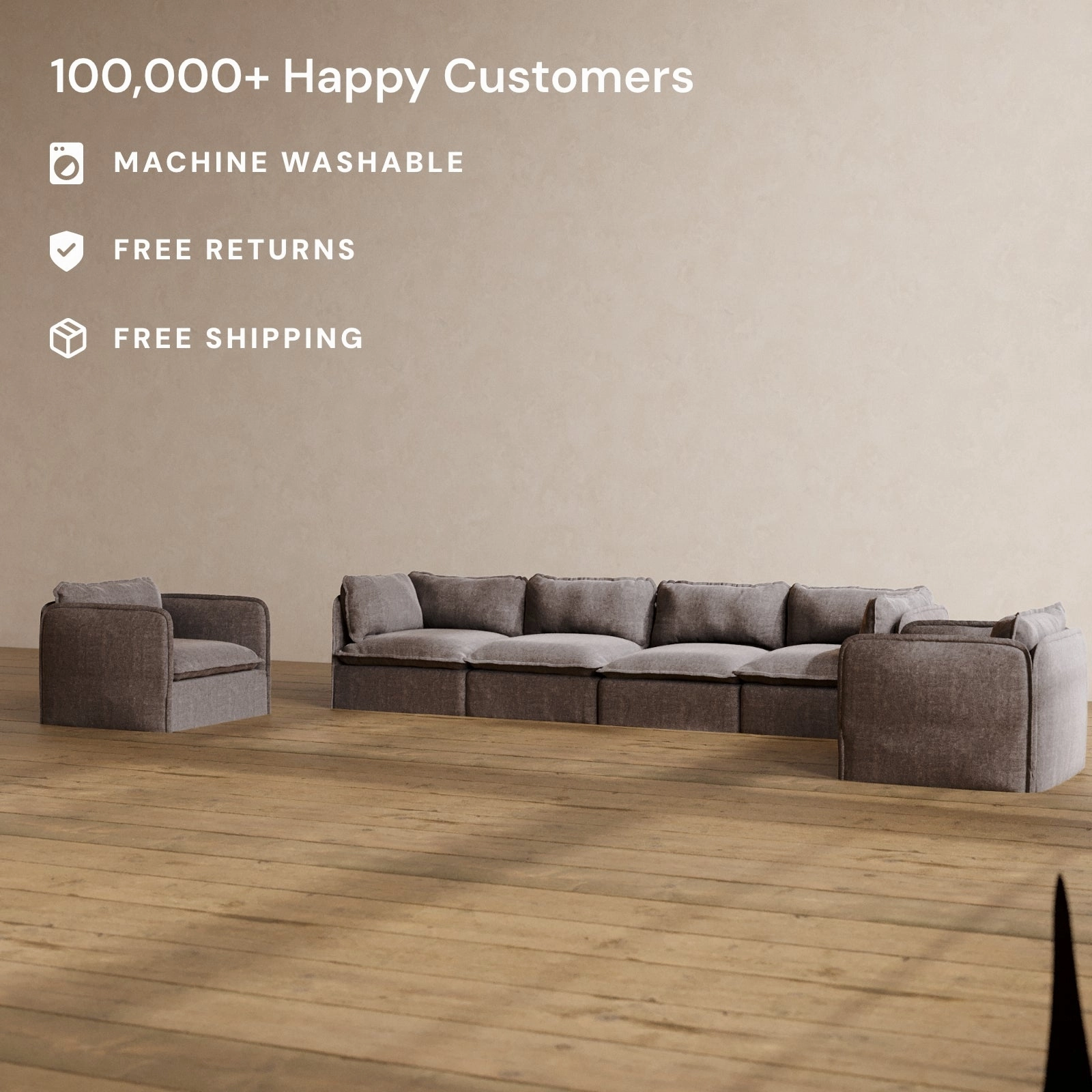 Slipcover Only - Modular Washable 4-Seater Sofa   Armchair Set in Caviar