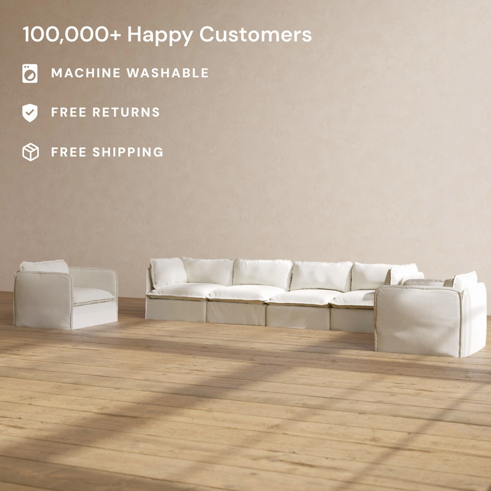 Slipcover Only - Modular Washable 4-Seater Sofa   Armchair Set in Eggshell