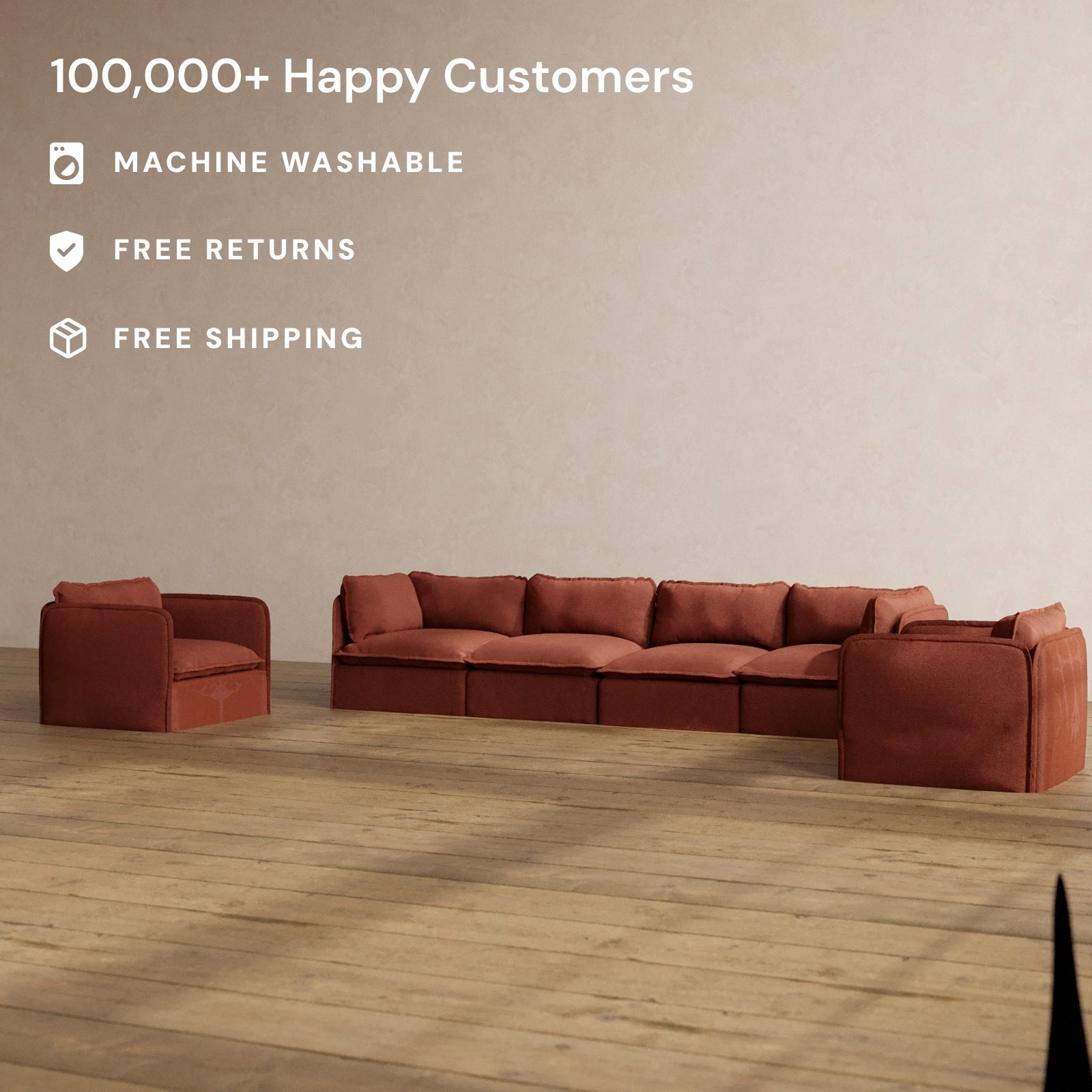 Slipcover Only - Modular Washable 4-Seater Sofa   Armchair Set in Rust