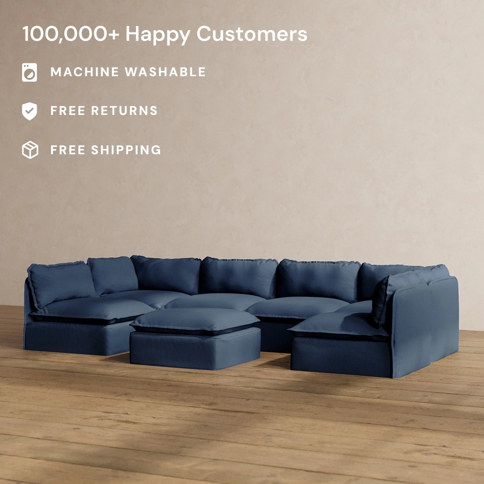 Slipcover Only - Modular Washable 6-Seater Open-Ends U-Sectional   Ottoman in Sumi
