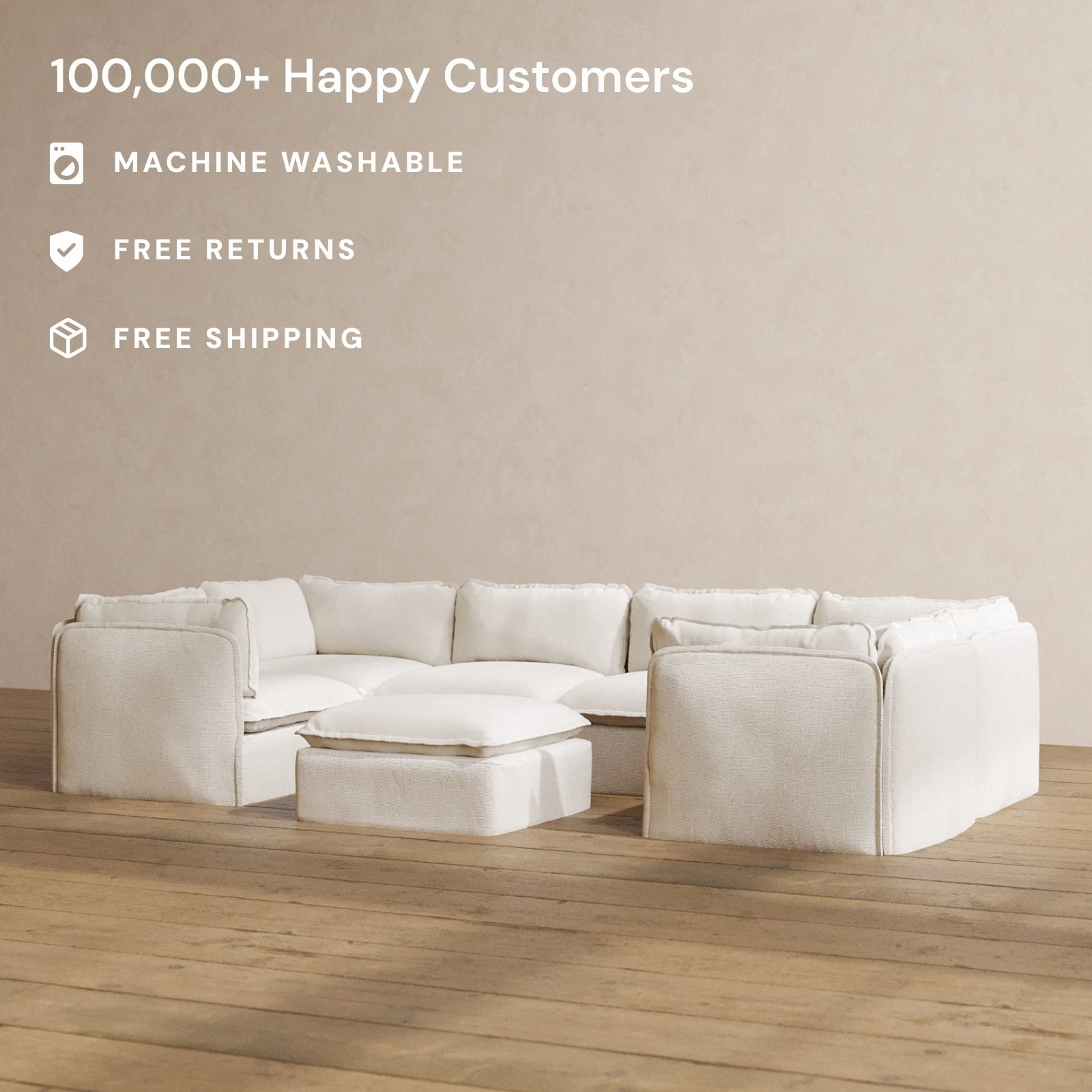 Slipcover Only - Modular Washable 6-Seater U-Sectional   Ottoman in Powder