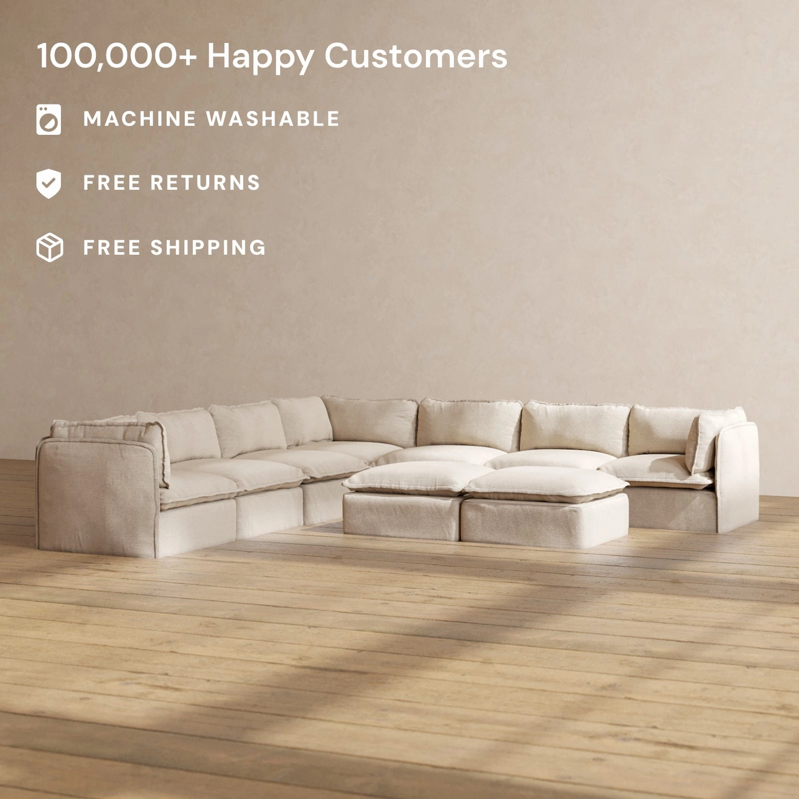 Slipcover Only - Modular Washable 7-Seater Corner Sectional   Bench Ottoman in Oat