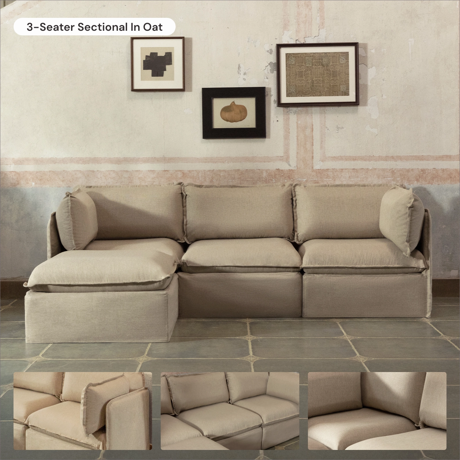 Slipcover Only - Modular Washable 7-Seater Corner Sectional   Bench Ottoman in Oat