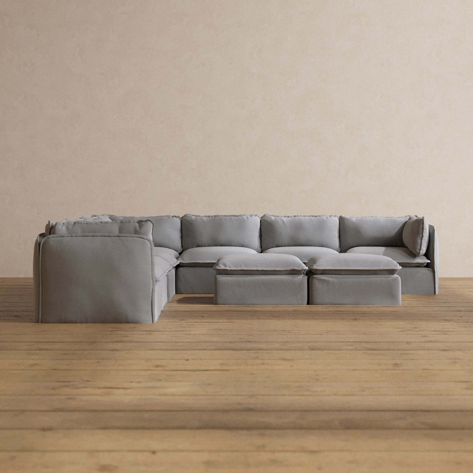 Slipcover Only - Modular Washable 7-Seater Corner Sectional   Bench Ottoman in Pumice