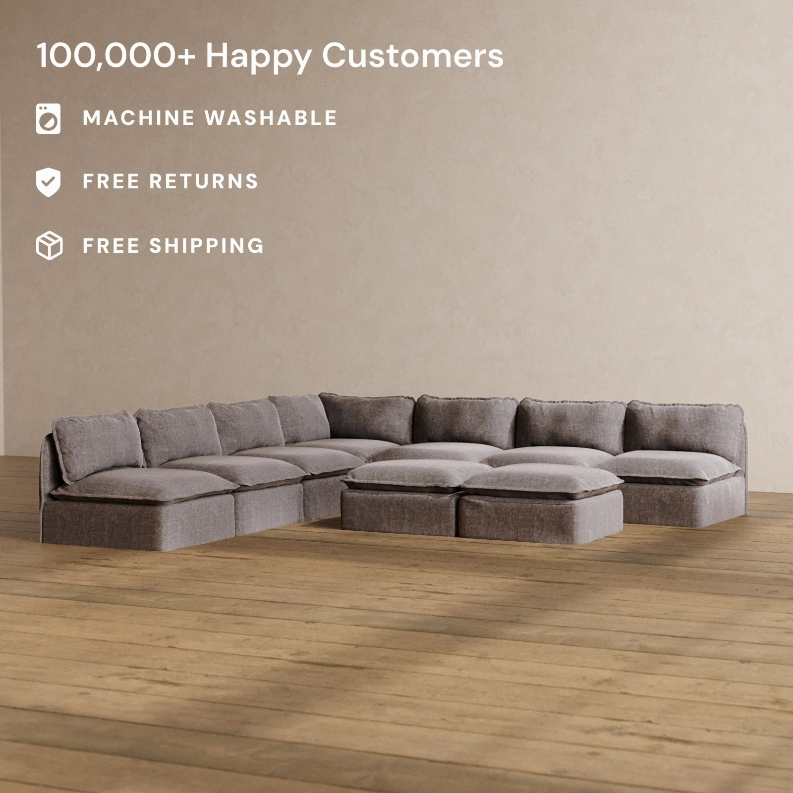 Slipcover Only - Modular Washable 7-Seater Open-Ends Corner Sectional   Bench Ottoman in Caviar