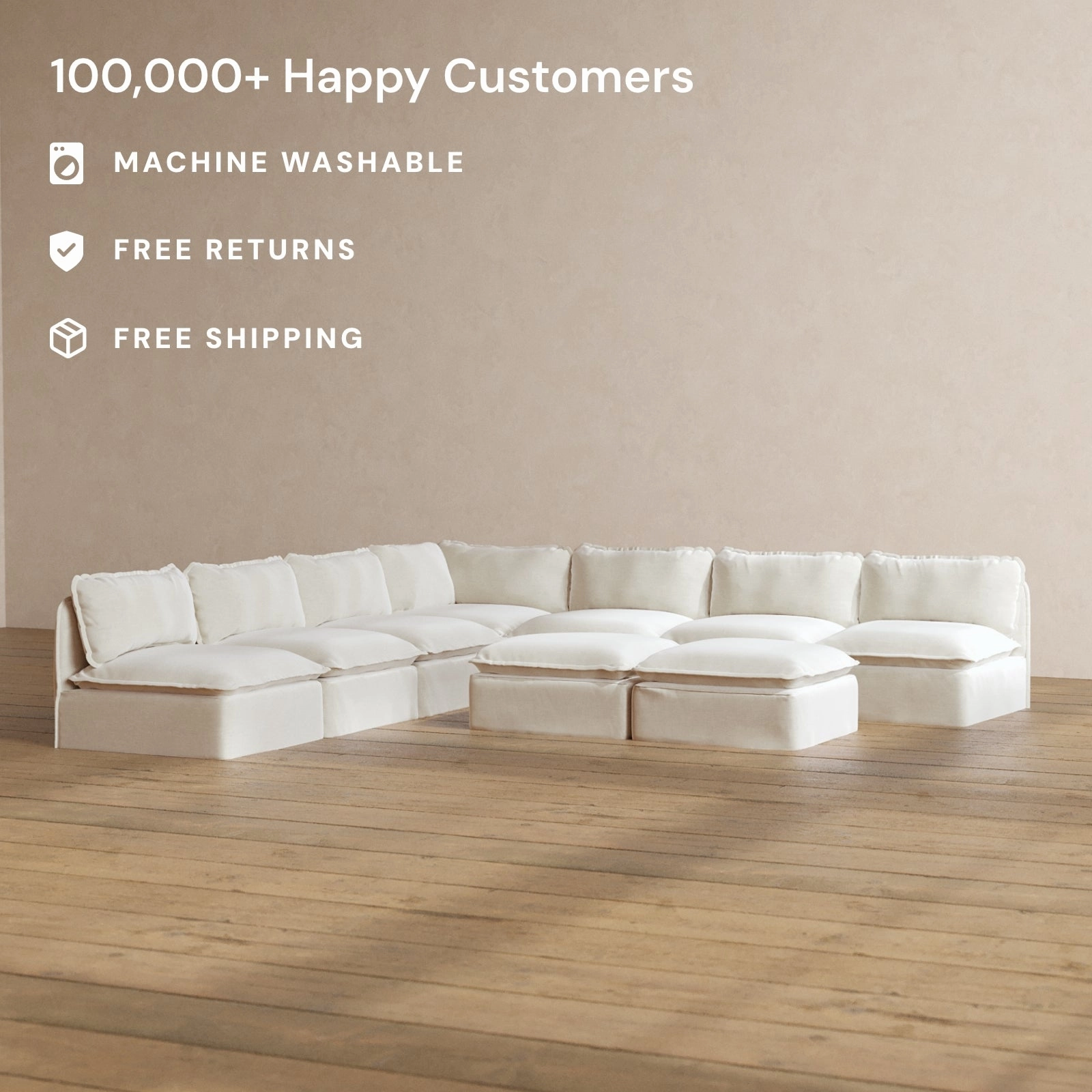 Slipcover Only - Modular Washable 7-Seater Open-Ends Corner Sectional   Bench Ottoman in Coco
