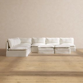 Slipcover Only - Modular Washable 7-Seater Open-Ends Corner Sectional   Bench Ottoman in Eggshell