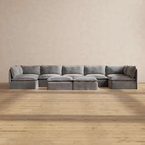 Slipcover Only - Modular Washable 7-Seater Open-Ends U-Sectional   Bench Ottoman in Ash