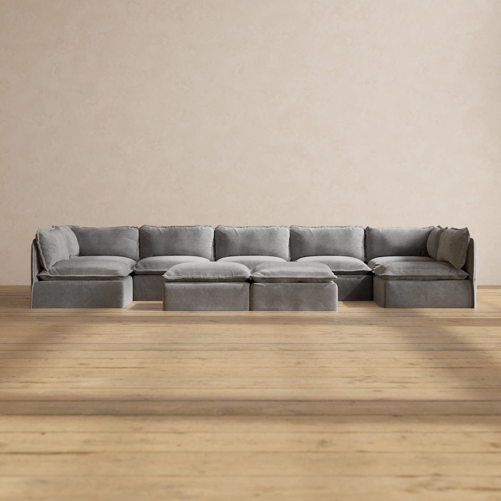 Slipcover Only - Modular Washable 7-Seater Open-Ends U-Sectional   Bench Ottoman in Ash