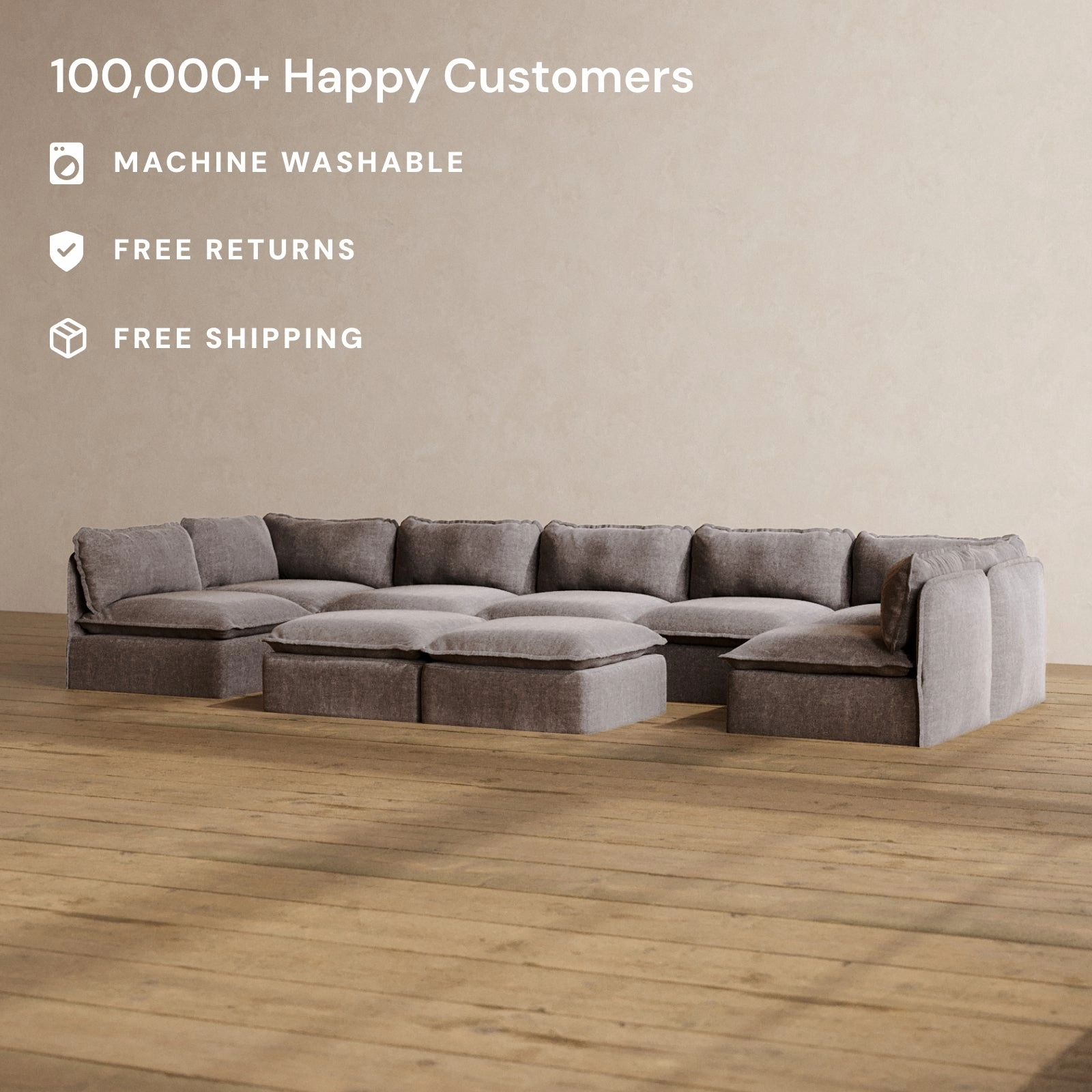 Slipcover Only - Modular Washable 7-Seater Open-Ends U-Sectional   Bench Ottoman in Caviar