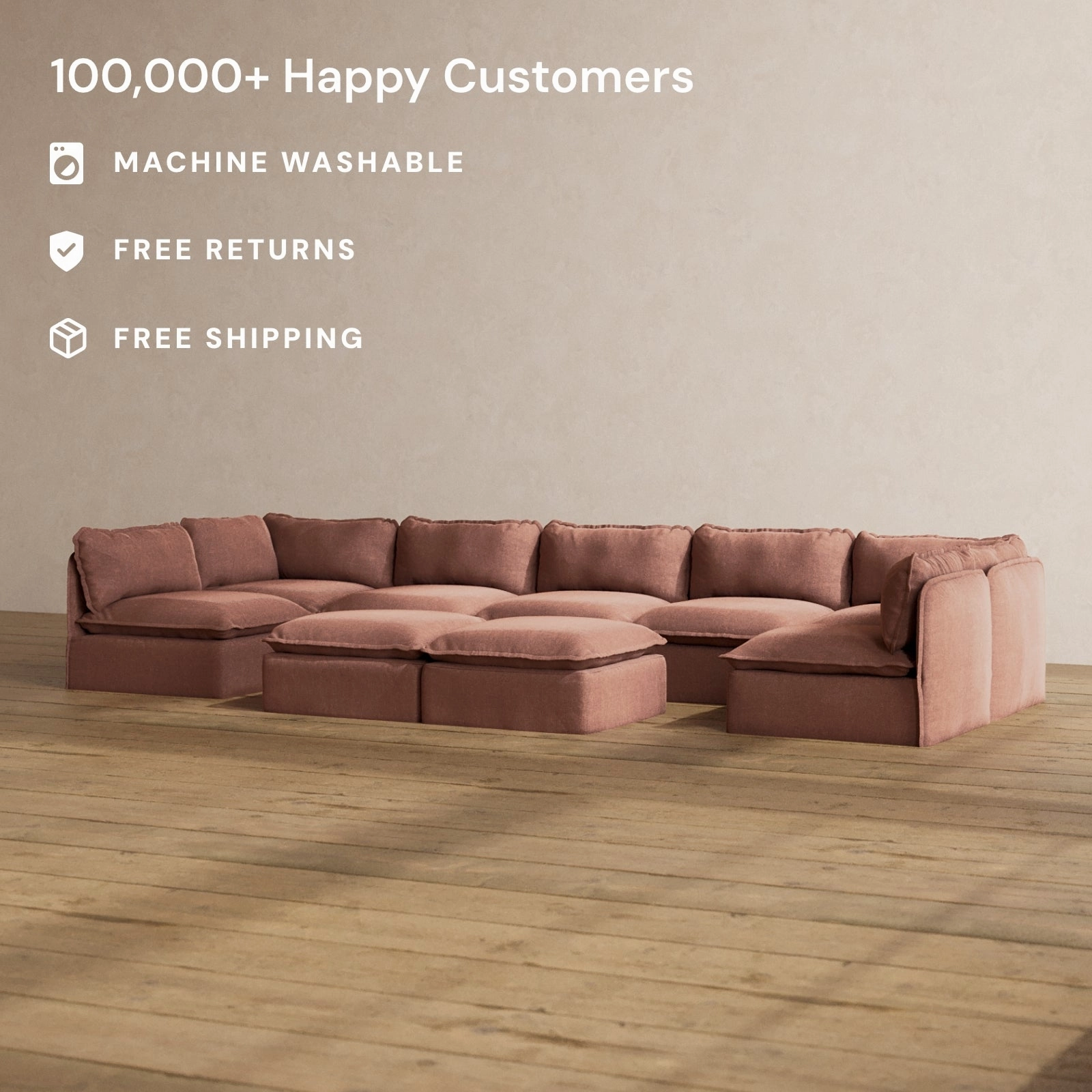 Slipcover Only - Modular Washable 7-Seater Open-Ends U-Sectional   Bench Ottoman in Chestnut