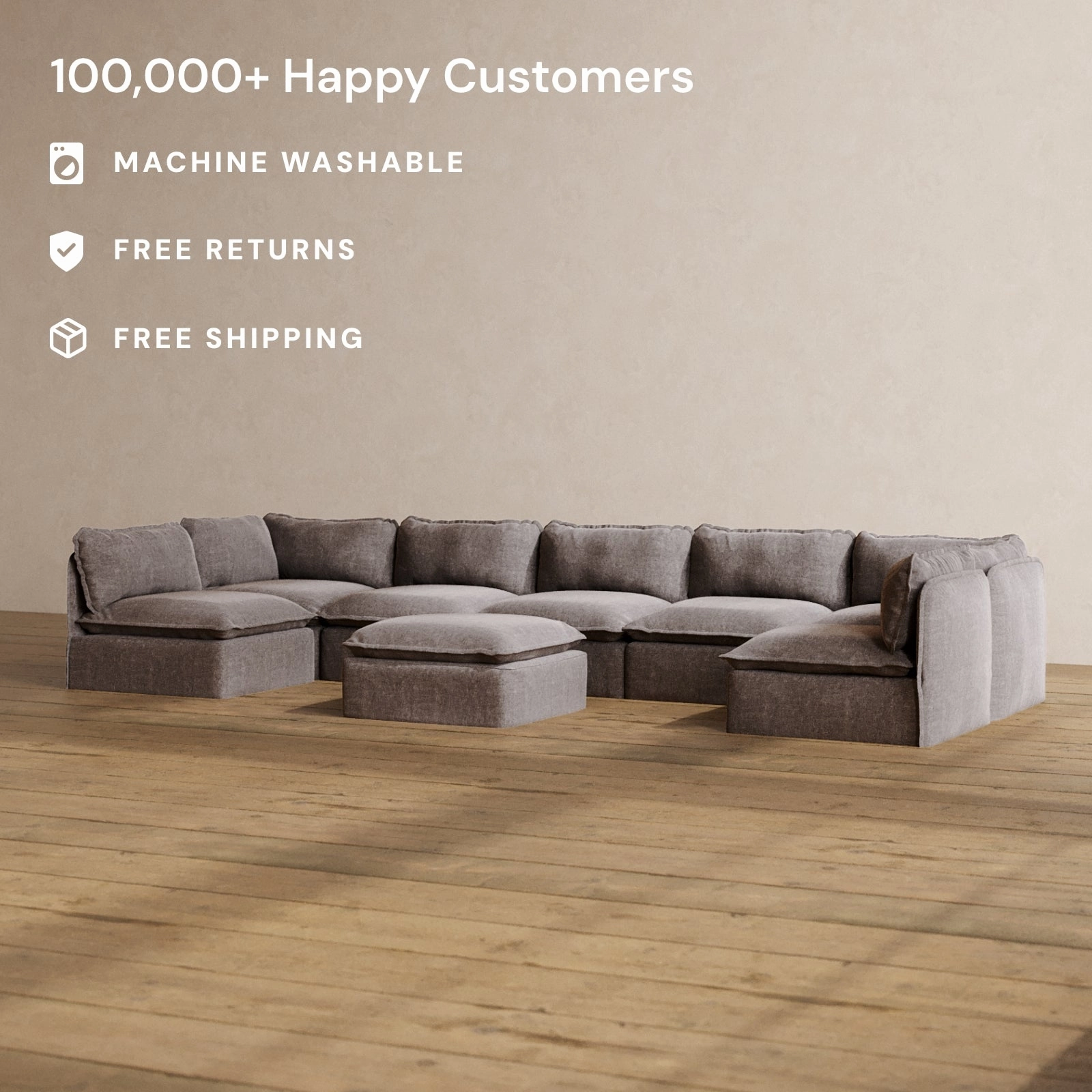 Slipcover Only - Modular Washable 7-Seater Open-Ends U-Sectional   Ottoman in Caviar