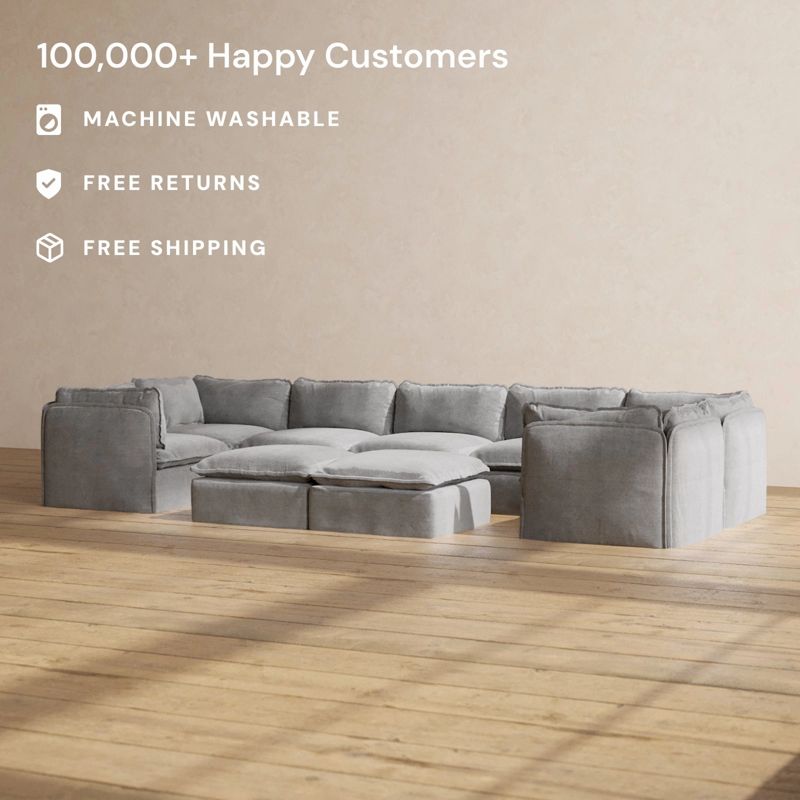 Slipcover Only - Modular Washable 7-Seater U-Sectional   Bench Ottoman in Ash