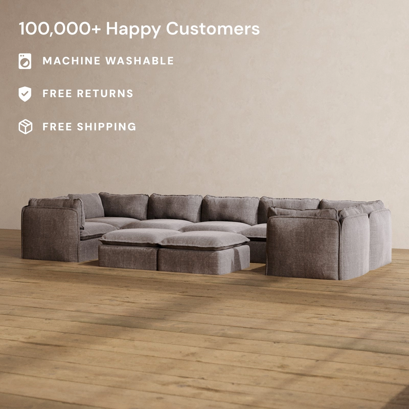 Slipcover Only - Modular Washable 7-Seater U-Sectional   Bench Ottoman in Caviar