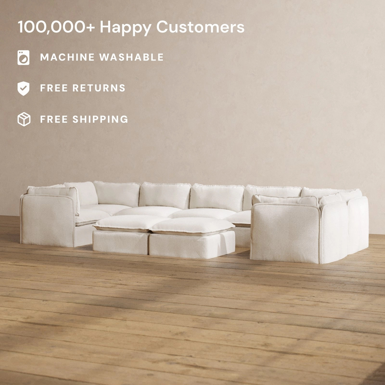 Slipcover Only - Modular Washable 7-Seater U-Sectional   Bench Ottoman in Powder