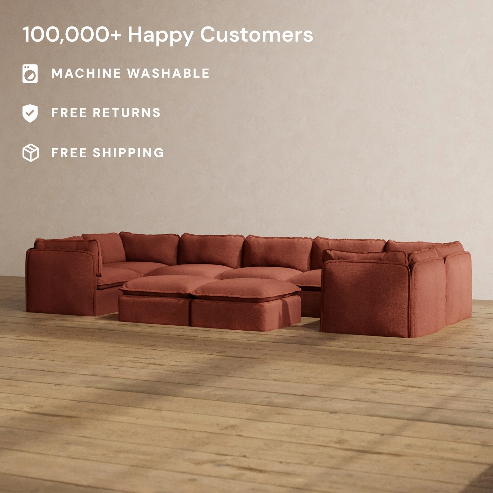 Slipcover Only - Modular Washable 7-Seater U-Sectional   Bench Ottoman in Rust