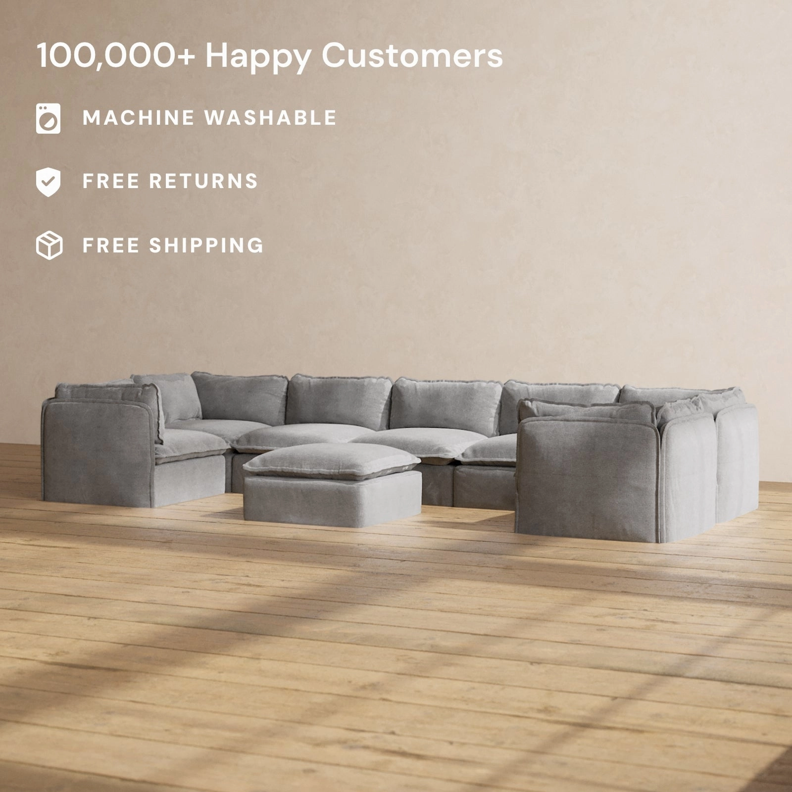 Slipcover Only - Modular Washable 7-Seater U-Sectional   Ottoman in Ash