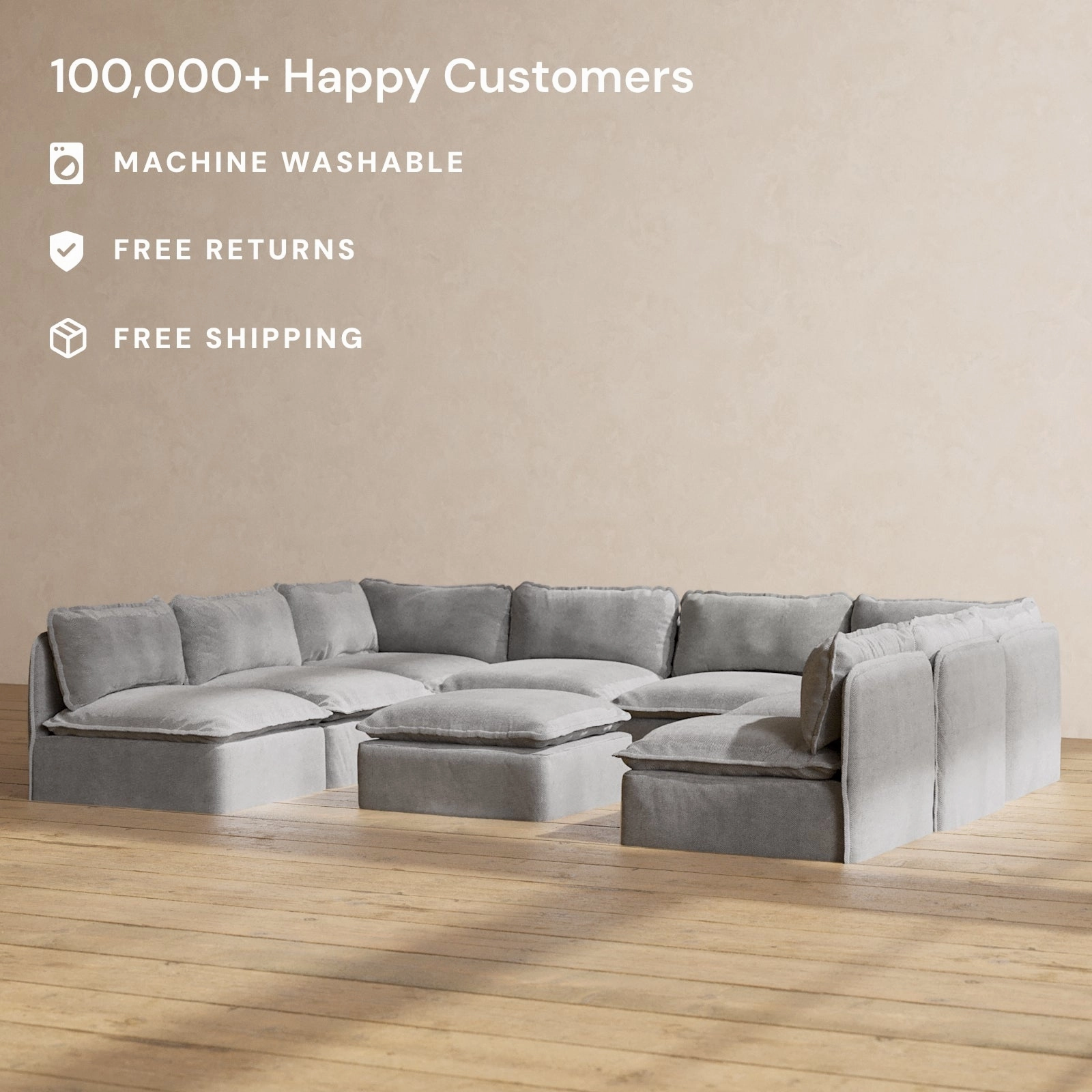Slipcover Only - Modular Washable 8-Seater Open-Ends U-Sectional   Ottoman in Ash