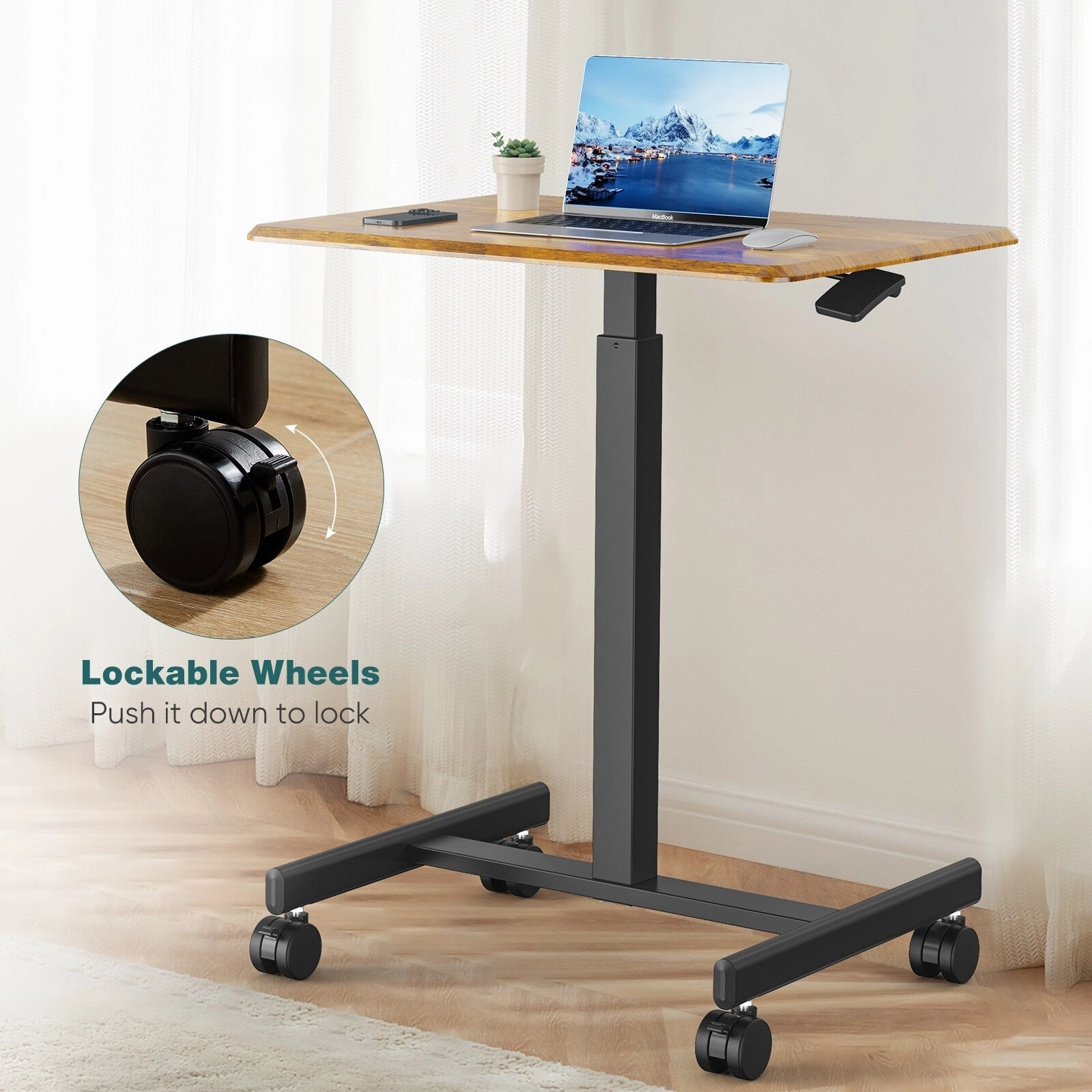 Small Mobile Laptop Desk with Wheels - Portable Adjustable Height Rolling Standing Table for Home. Office & Classroom