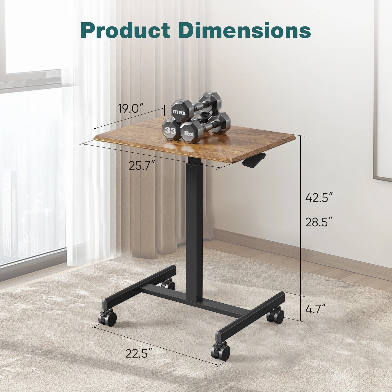 Small Mobile Laptop Desk with Wheels - Portable Adjustable Height Rolling Standing Table for Home. Office & Classroom