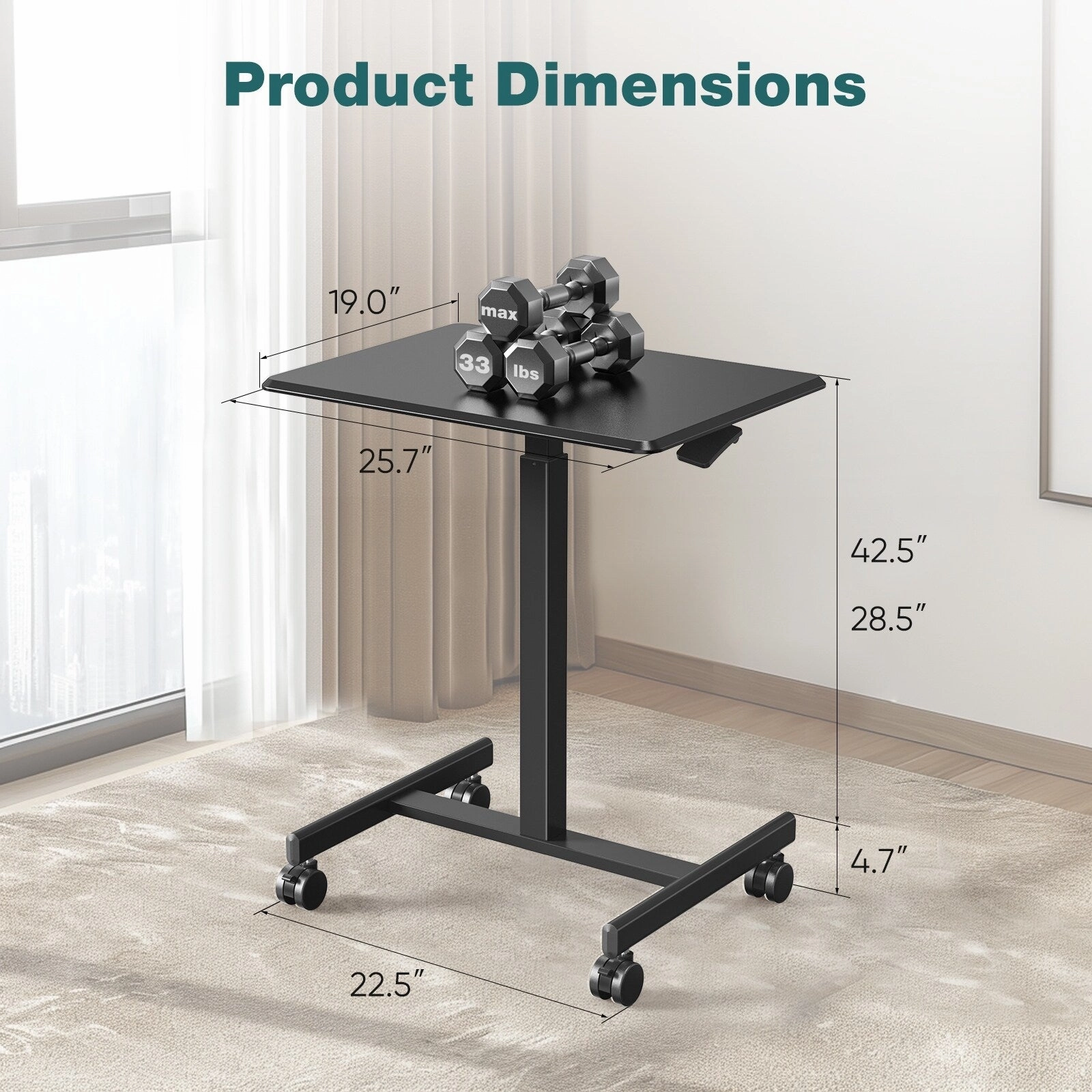 Small Mobile Laptop Desk with Wheels - Portable Adjustable Height Rolling Standing Table for Home. Office & Classroom