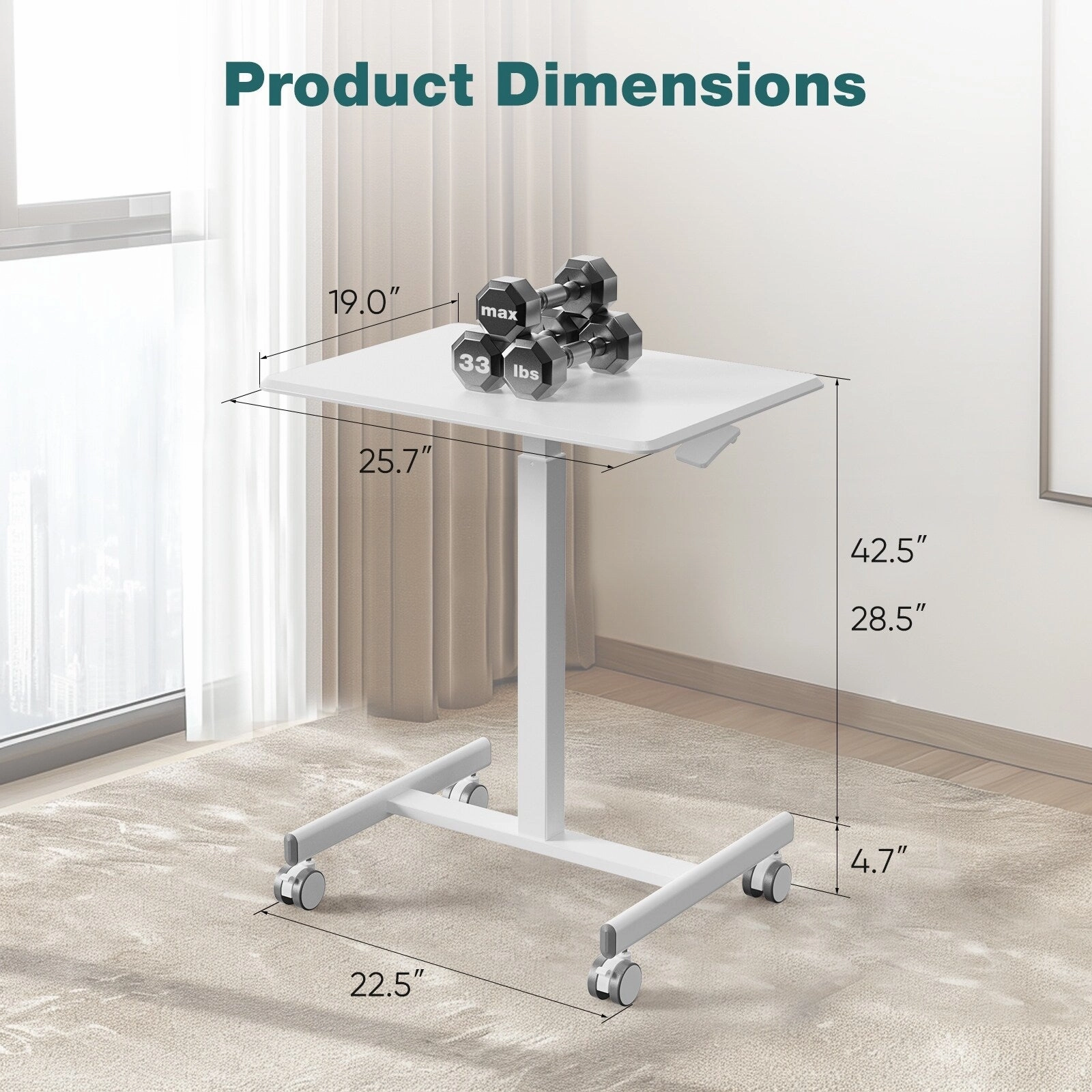 Small Mobile Laptop Desk with Wheels - Portable Adjustable Height Rolling Standing Table for Home. Office & Classroom