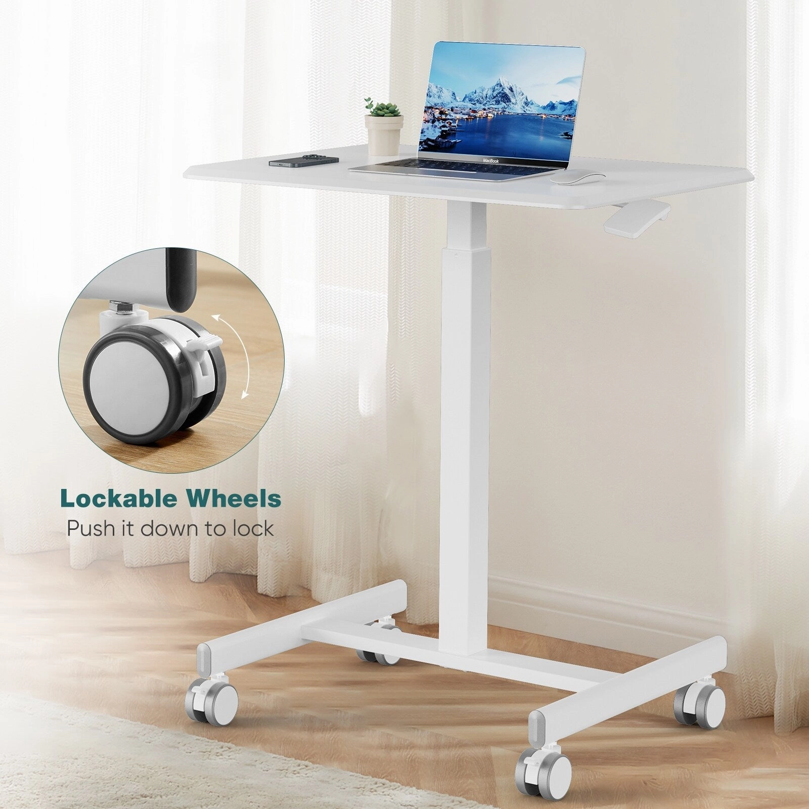 Small Mobile Laptop Desk with Wheels - Portable Adjustable Height Rolling Standing Table for Home. Office & Classroom