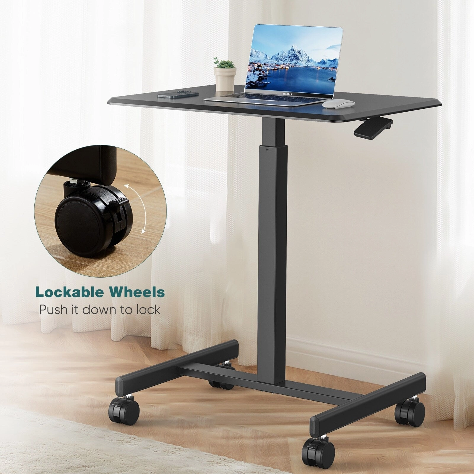 Small Mobile Laptop Desk with Wheels - Portable Adjustable Height Rolling Standing Table for Home. Office & Classroom