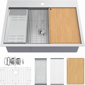 Stainless Steel Drop In Integrated Ledge Multifunctional Workstation Sink Set In Silver