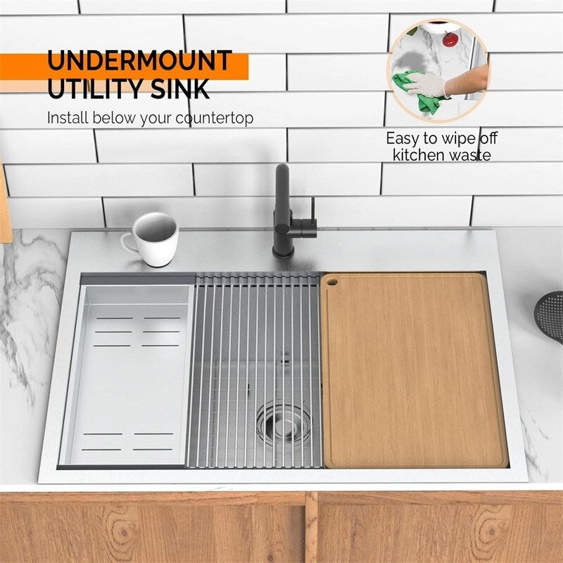 Stainless Steel Drop In Integrated Ledge Multifunctional Workstation Sink Set In Silver