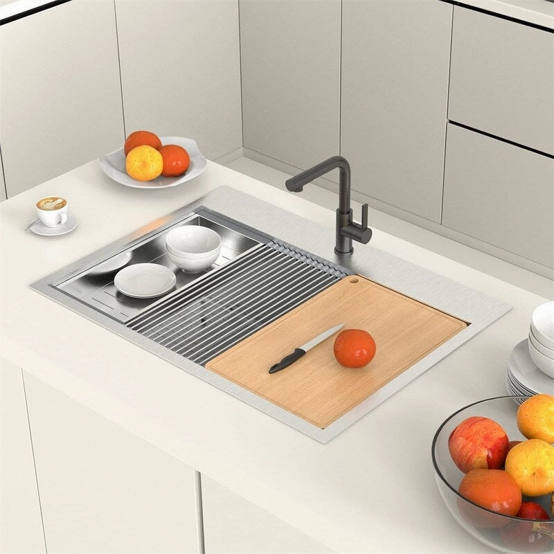 Stainless Steel Drop In Integrated Ledge Multifunctional Workstation Sink Set In Silver