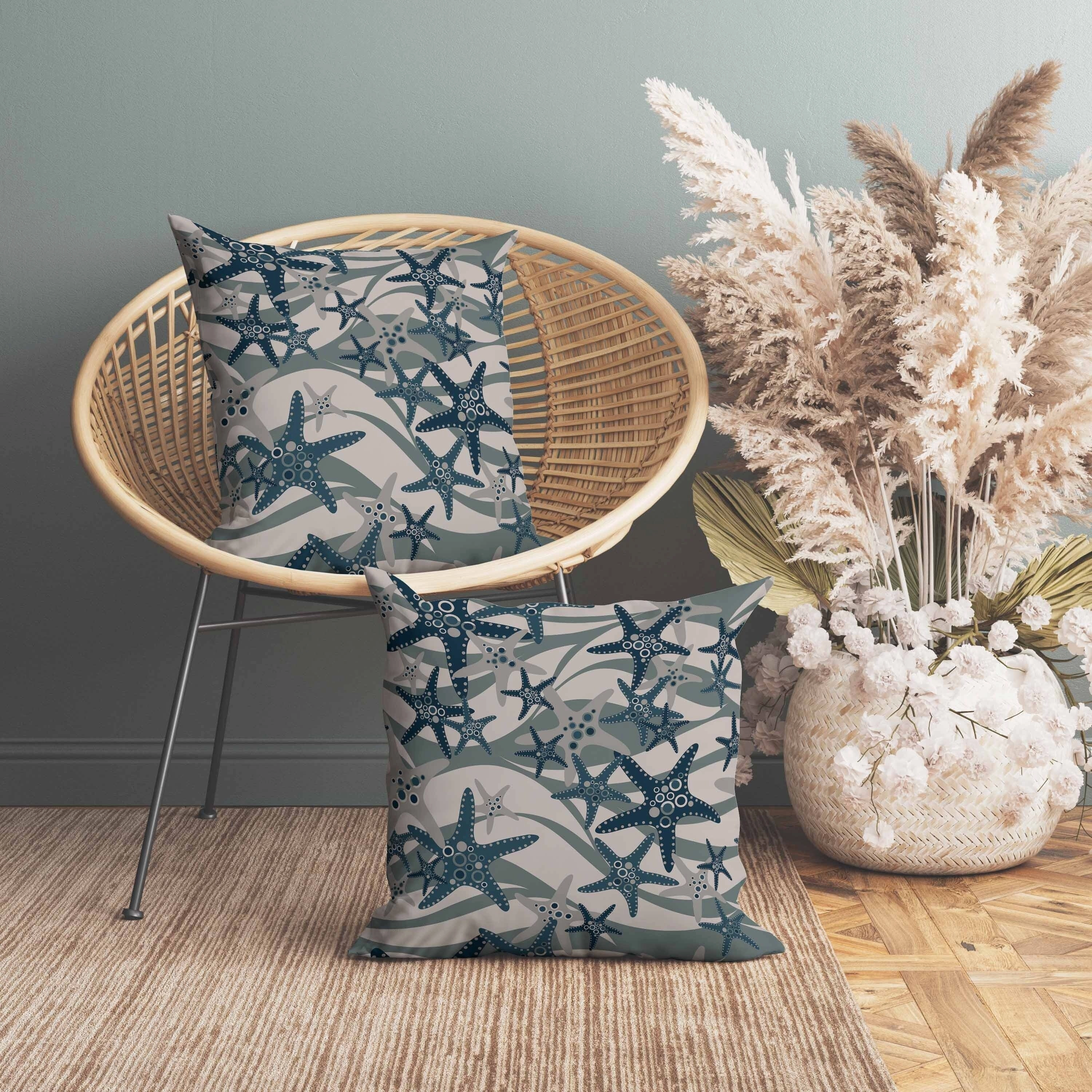 Starfish Sway Faux Suede Reversible Throw Pillow Silver and Blue