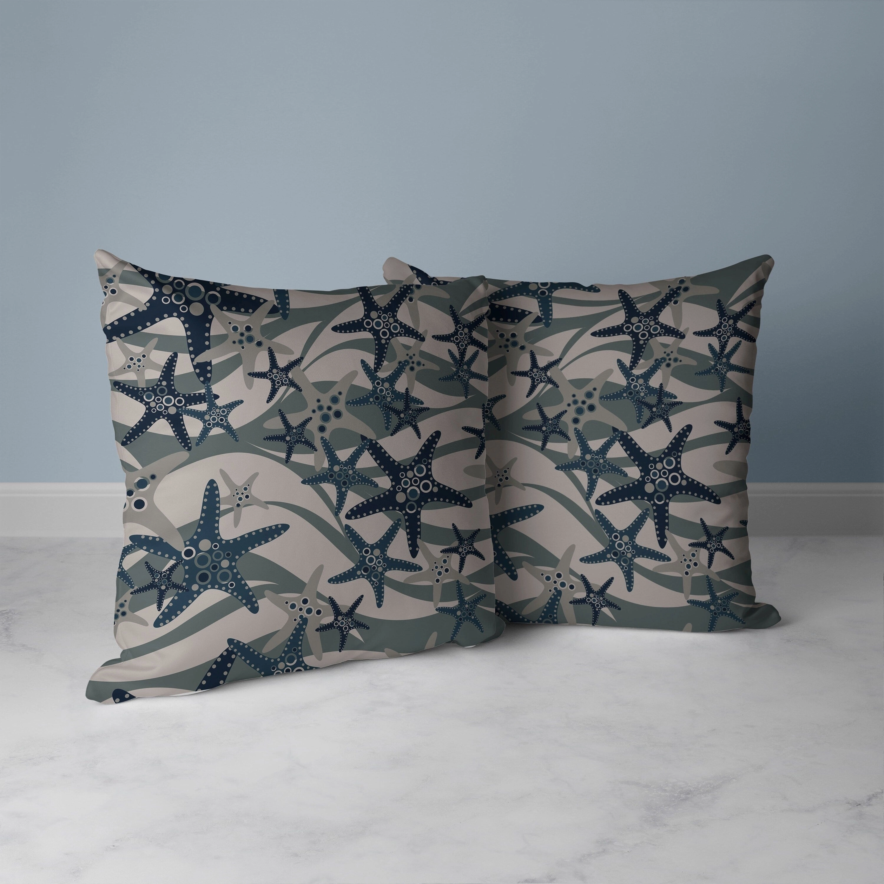 Starfish Sway Faux Suede Reversible Throw Pillow Silver and Blue