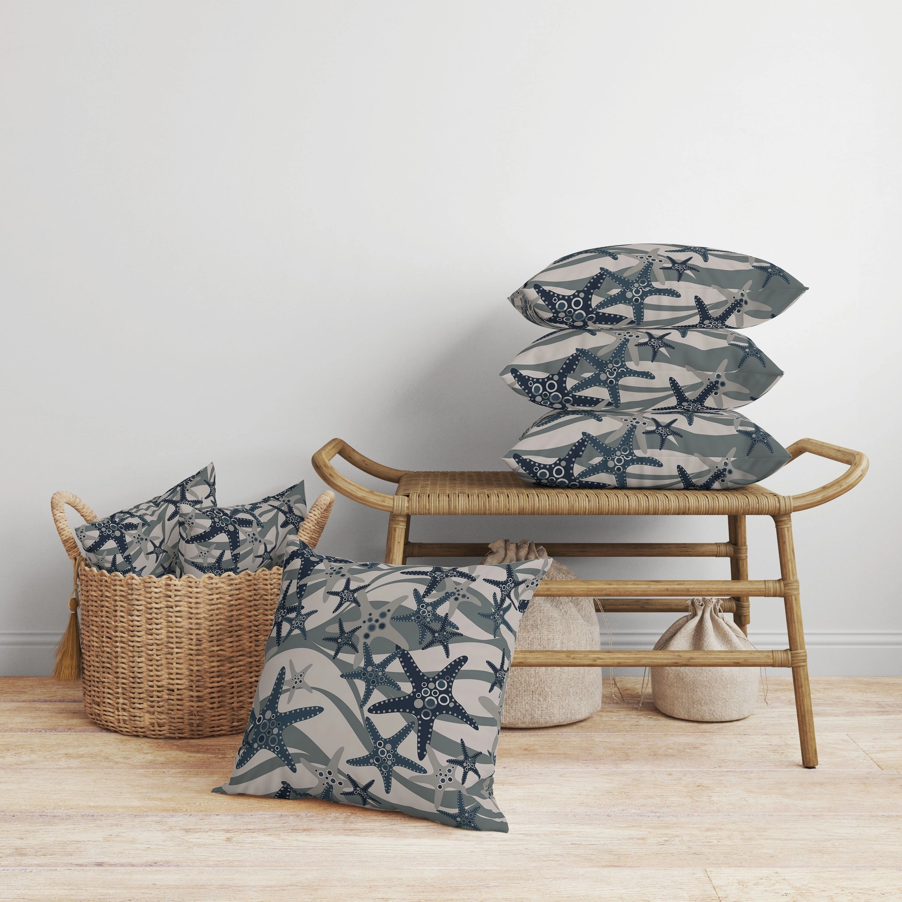 Starfish Sway Faux Suede Reversible Throw Pillow Silver and Blue