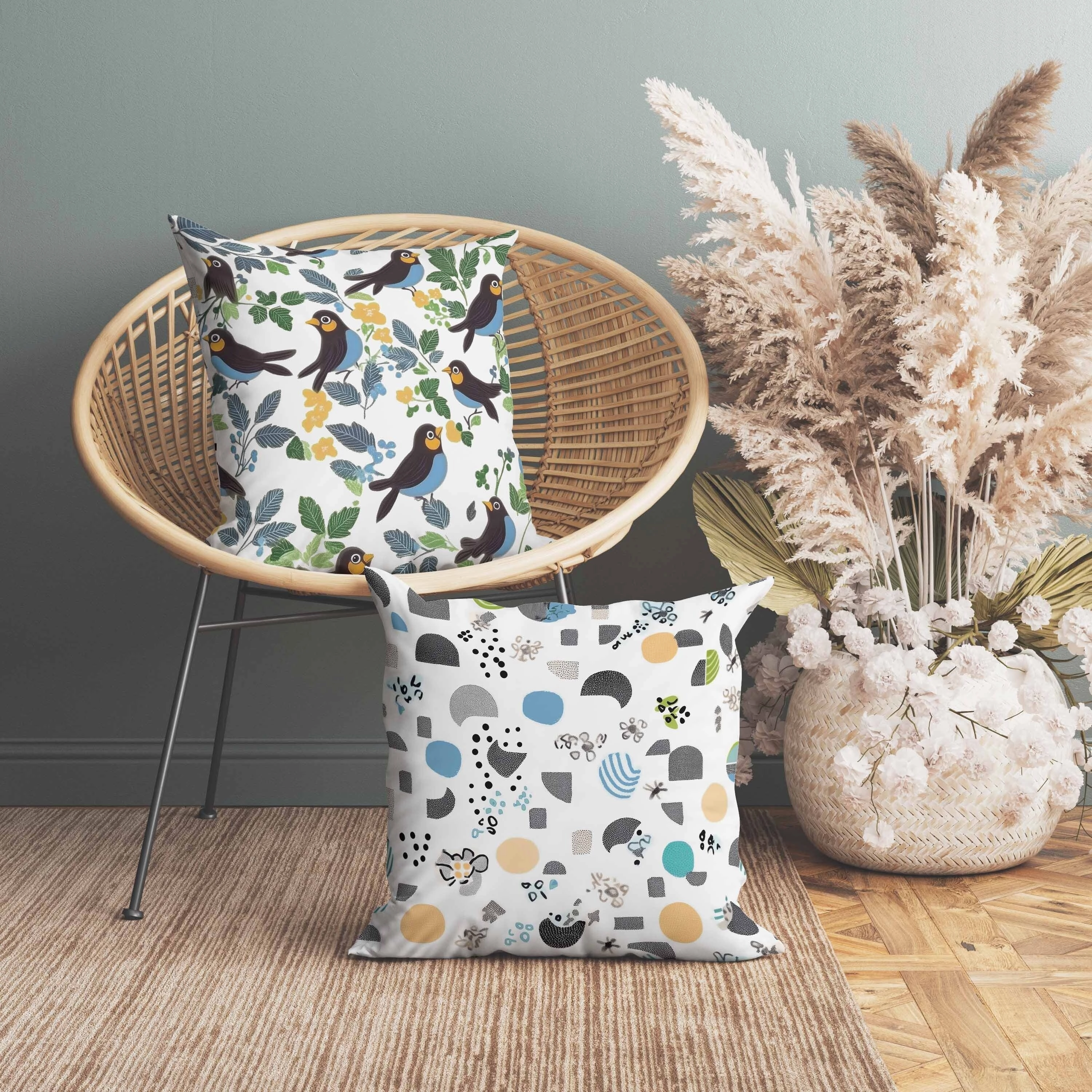 Sweet Tweets Indoor/Outdoor Reversible Throw Pillow Blue and Green