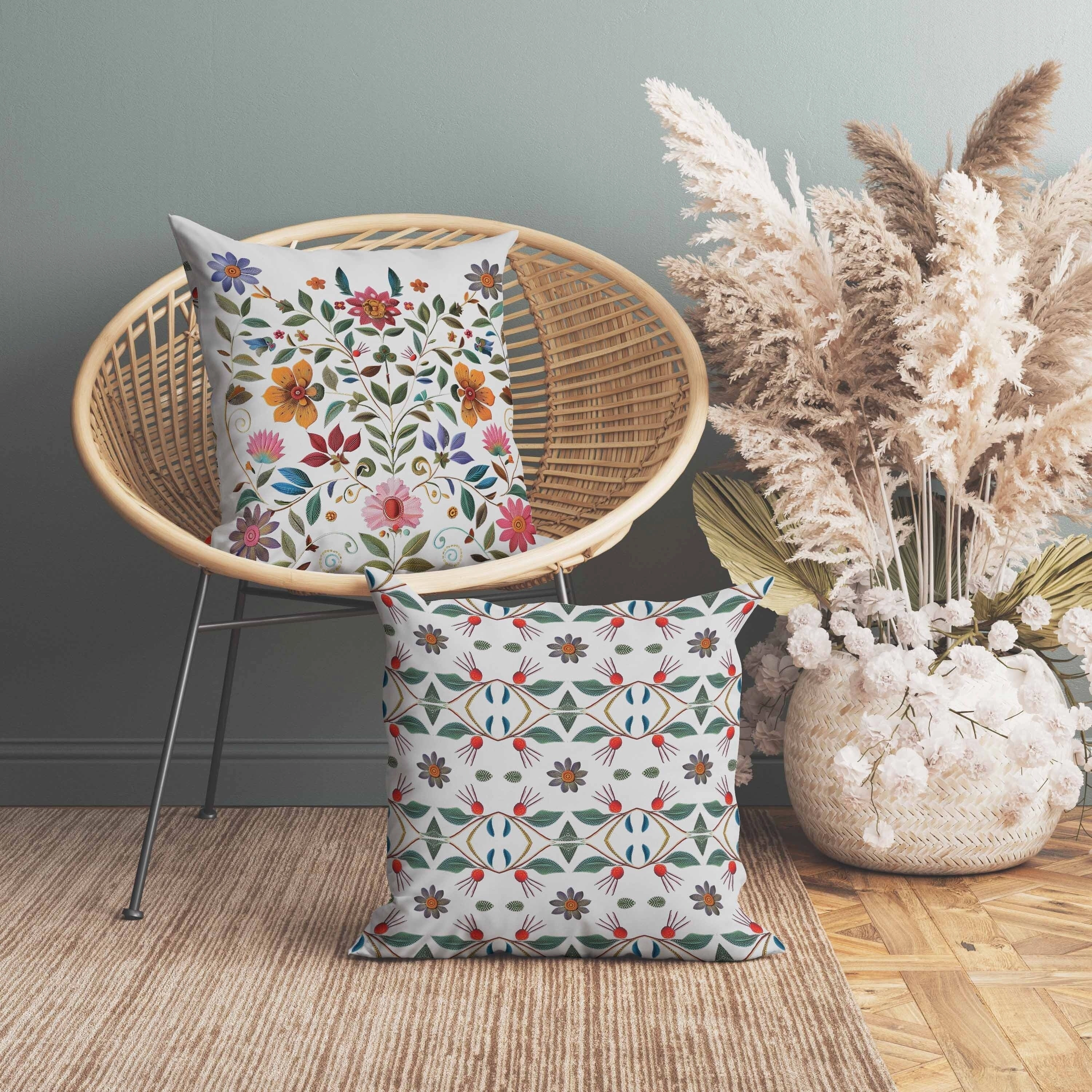 Symmetrical Flora Indoor/Outdoor Reversible Throw Pillow Cream and Pink