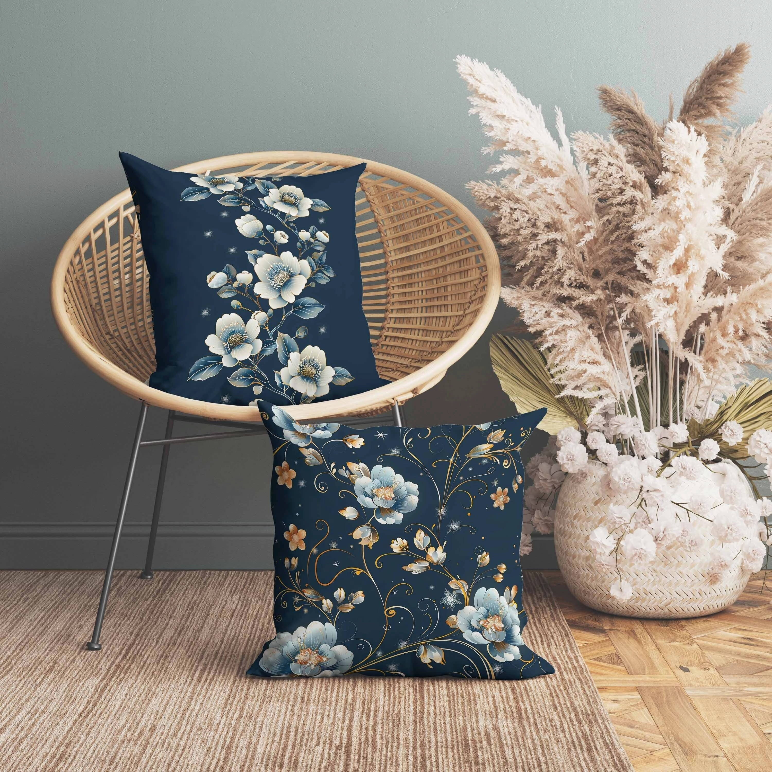 Teal Flowerscape Indoor/Outdoor Reversible Throw Pillow Dark and Blue