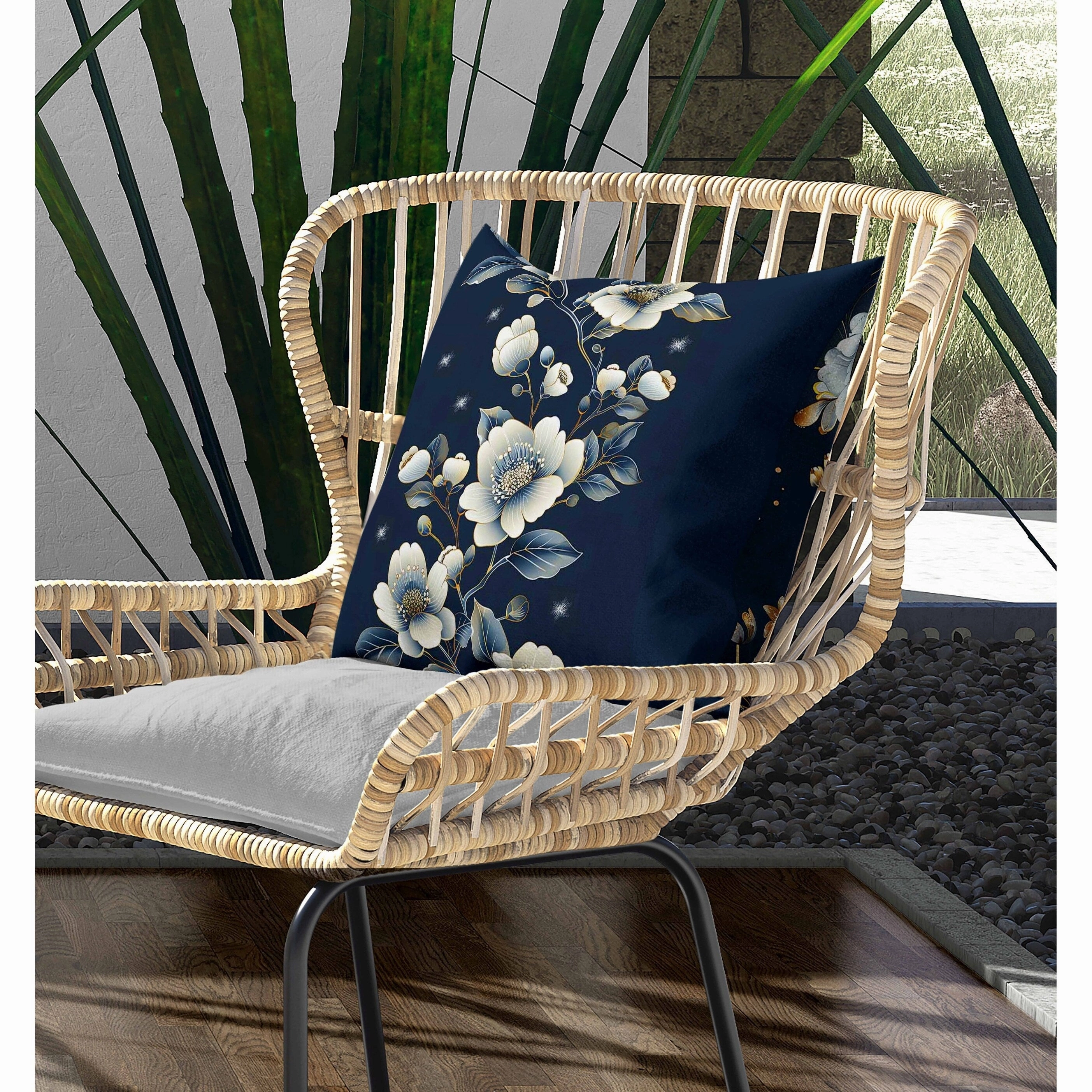 Teal Flowerscape Indoor/Outdoor Reversible Throw Pillow Dark and Blue