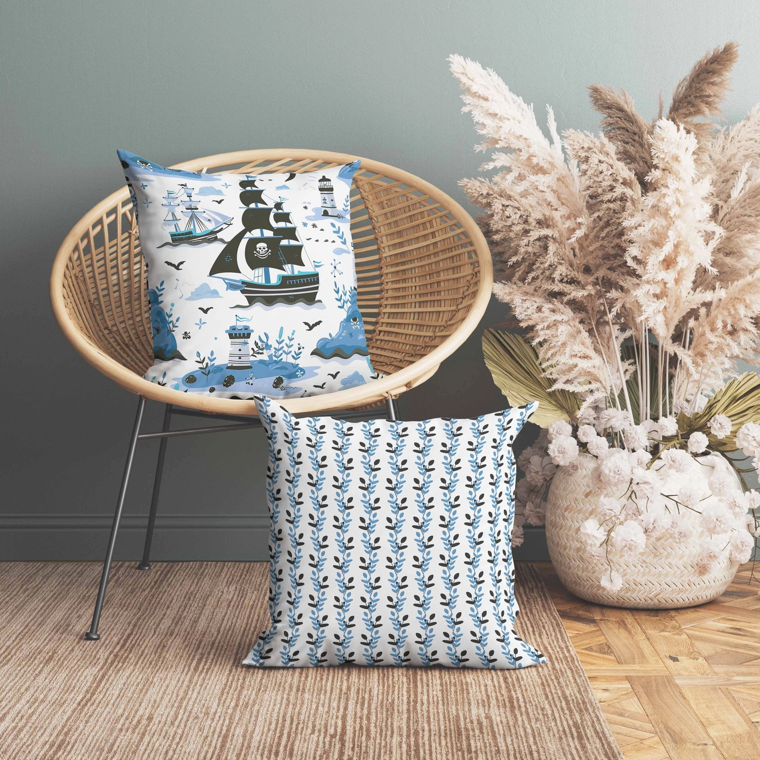 Treasure Island Indoor/Outdoor Reversible Throw Pillow Black and Blue
