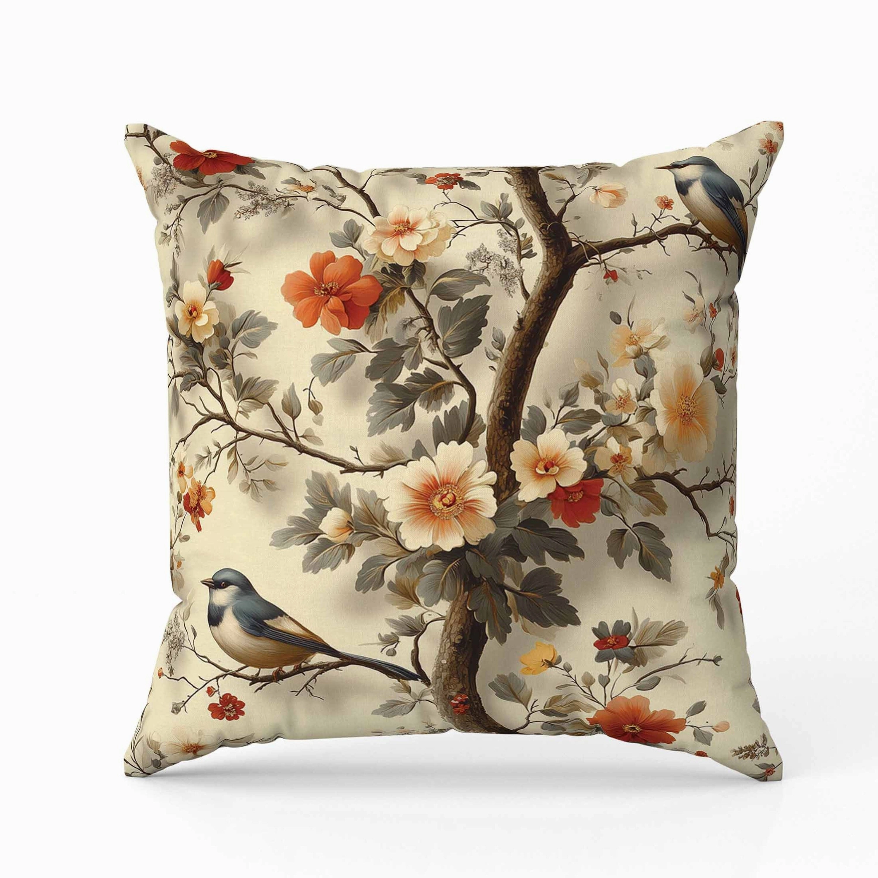 Two Birds n Flowers Indoor/Outdoor Reversible Throw Pillow Beige and Red
