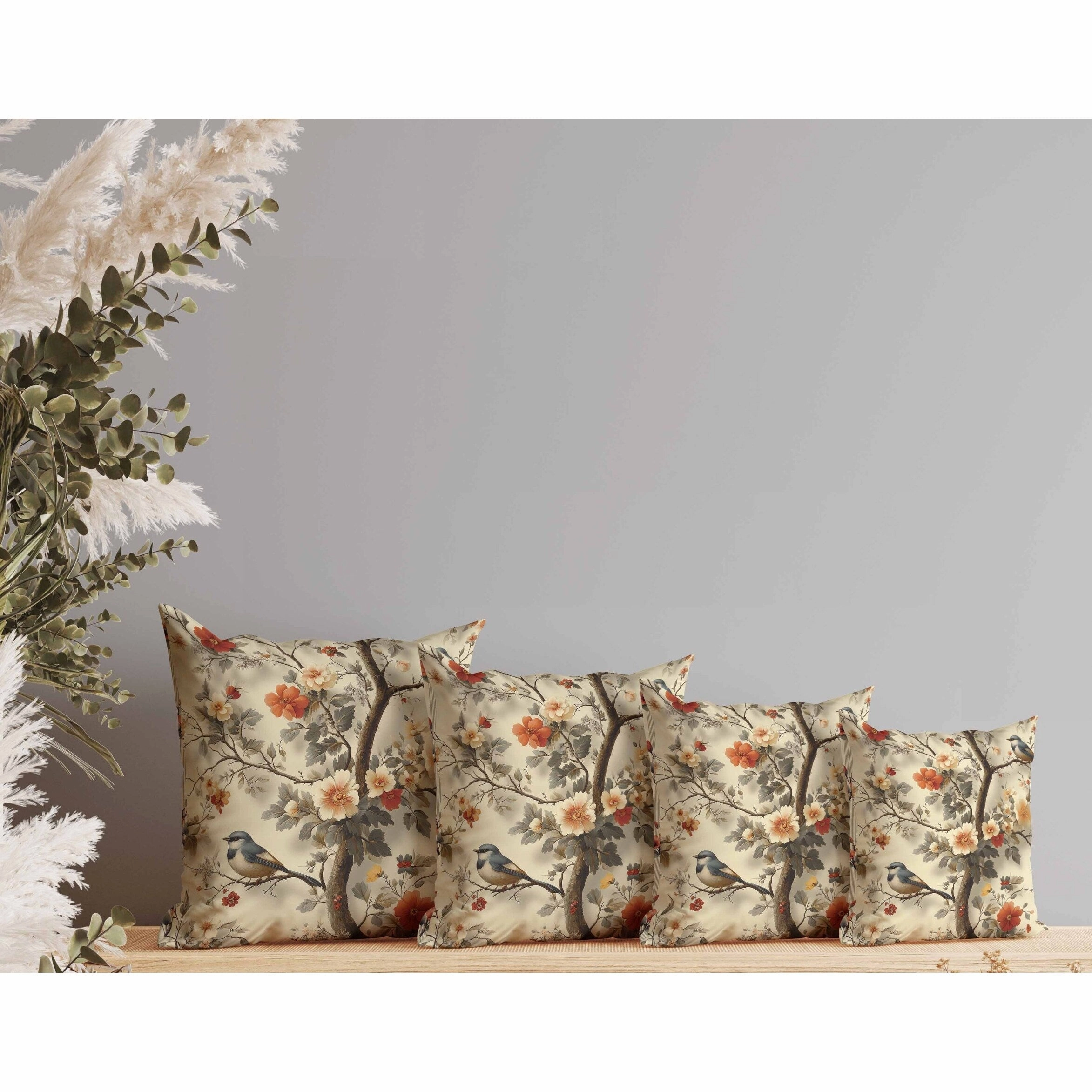 Two Birds n Flowers Indoor/Outdoor Reversible Throw Pillow Beige and Red