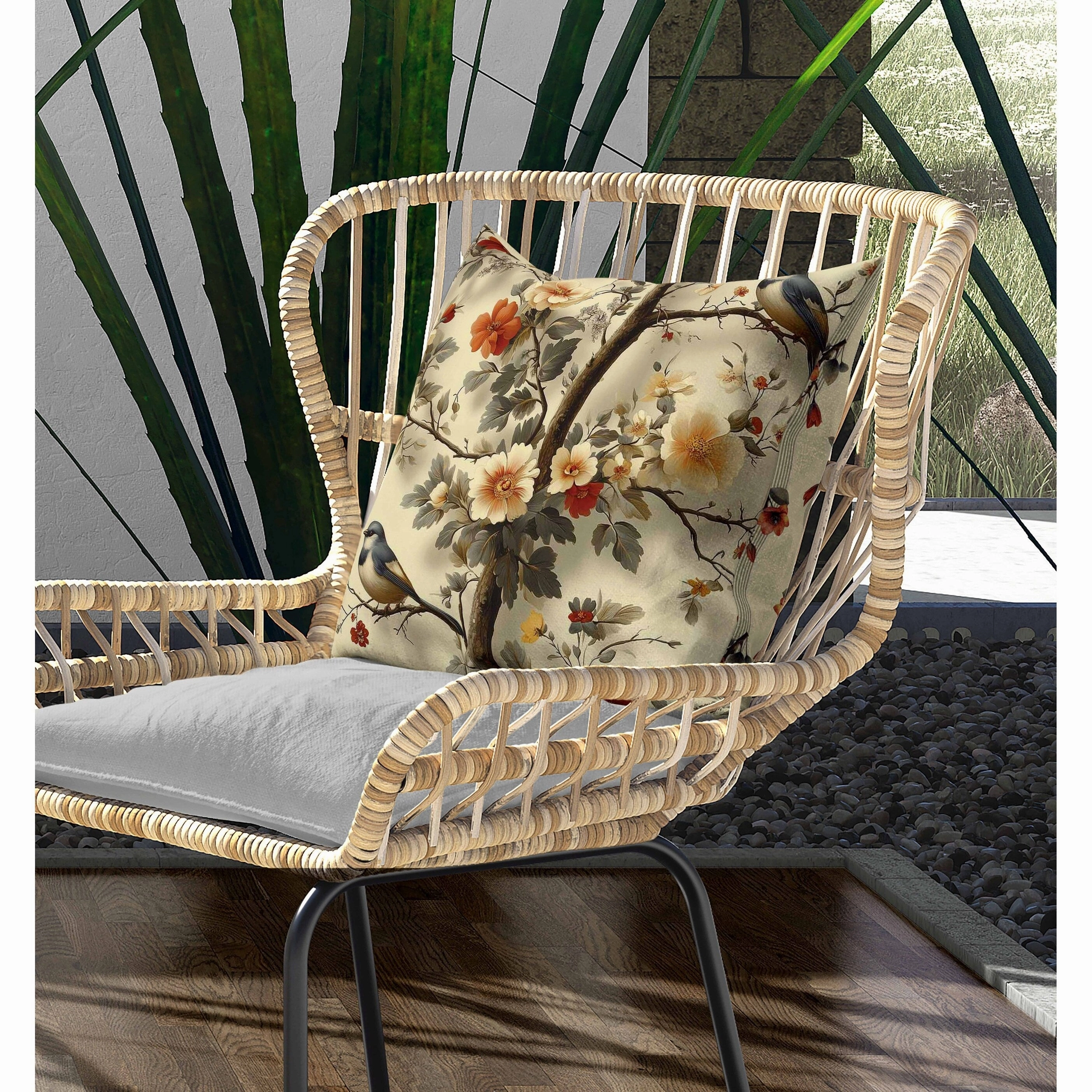 Two Birds n Flowers Indoor/Outdoor Reversible Throw Pillow Beige and Red