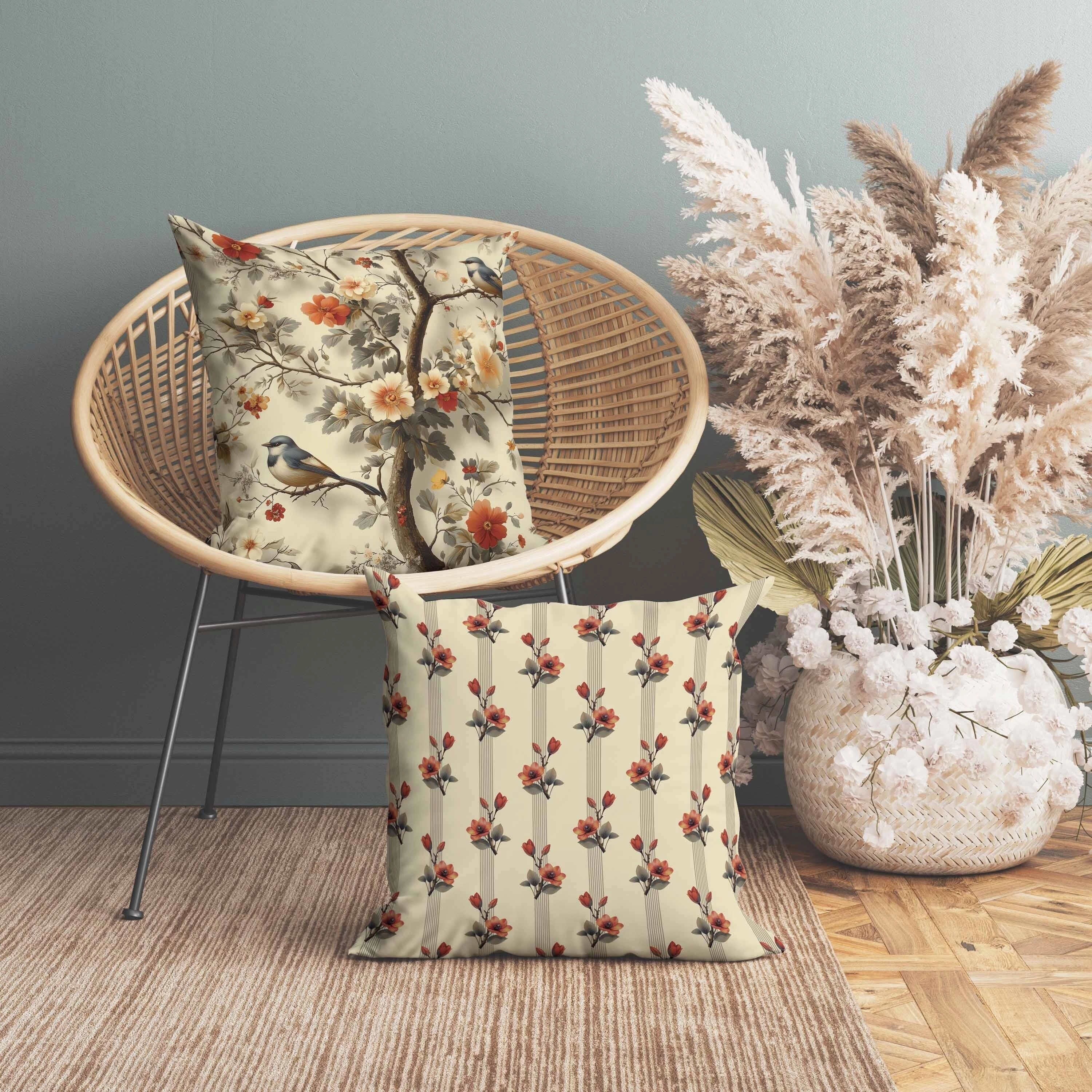 Two Birds n Flowers Indoor/Outdoor Reversible Throw Pillow Beige and Red