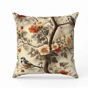 Two Birds n Flowers Indoor/Outdoor Reversible Throw Pillow Beige and Red