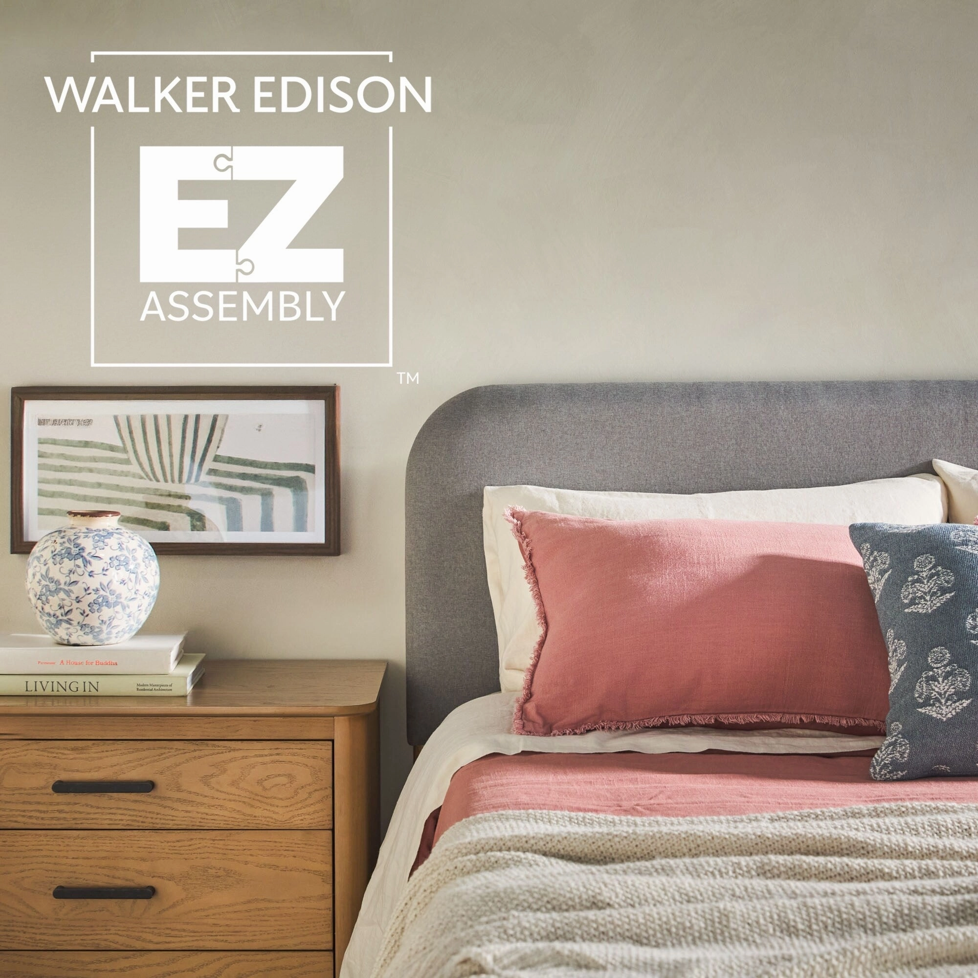 Walker Edison Solid Wood King Bed with Curved Upholstered Headboard