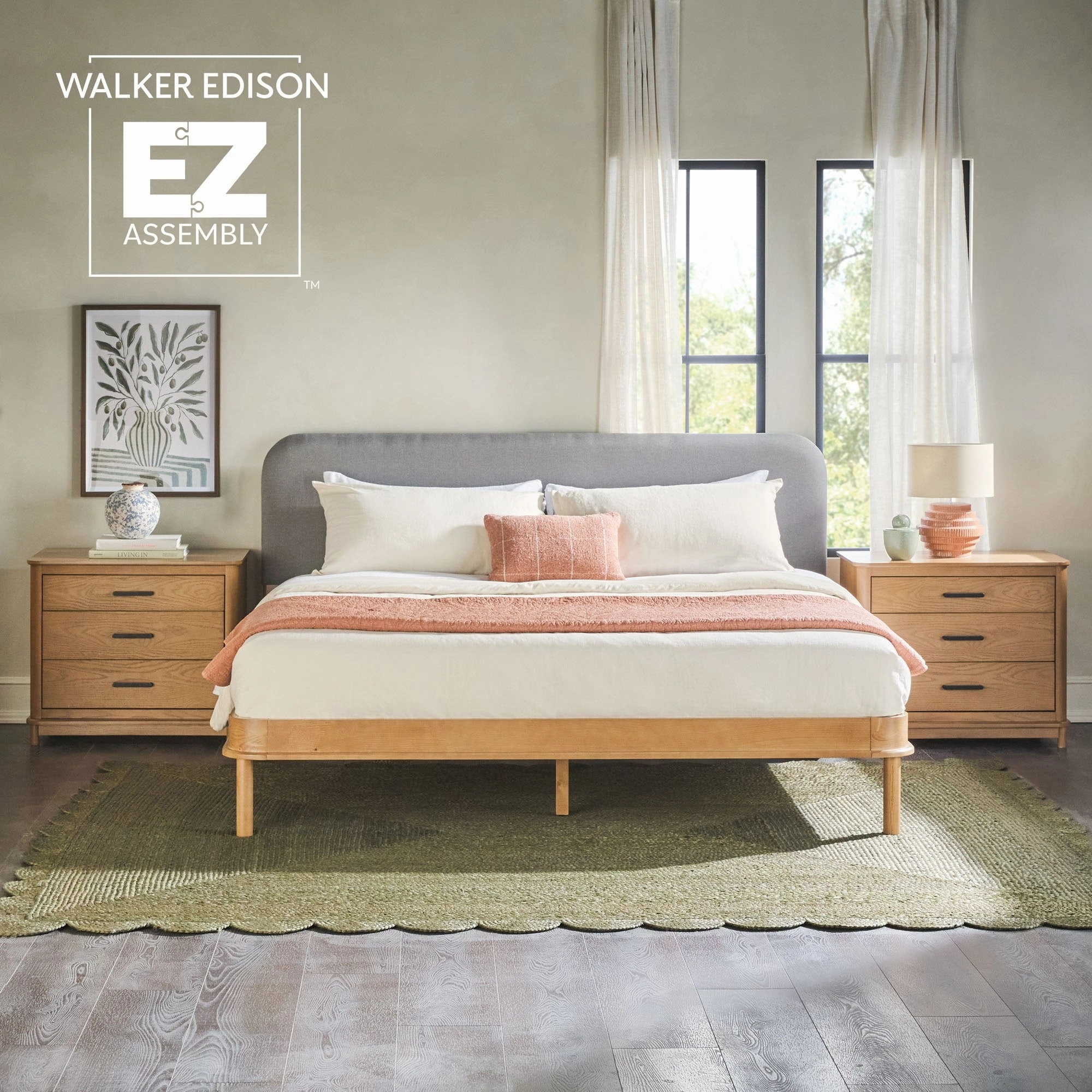 Walker Edison Solid Wood King Bed with Curved Upholstered Headboard